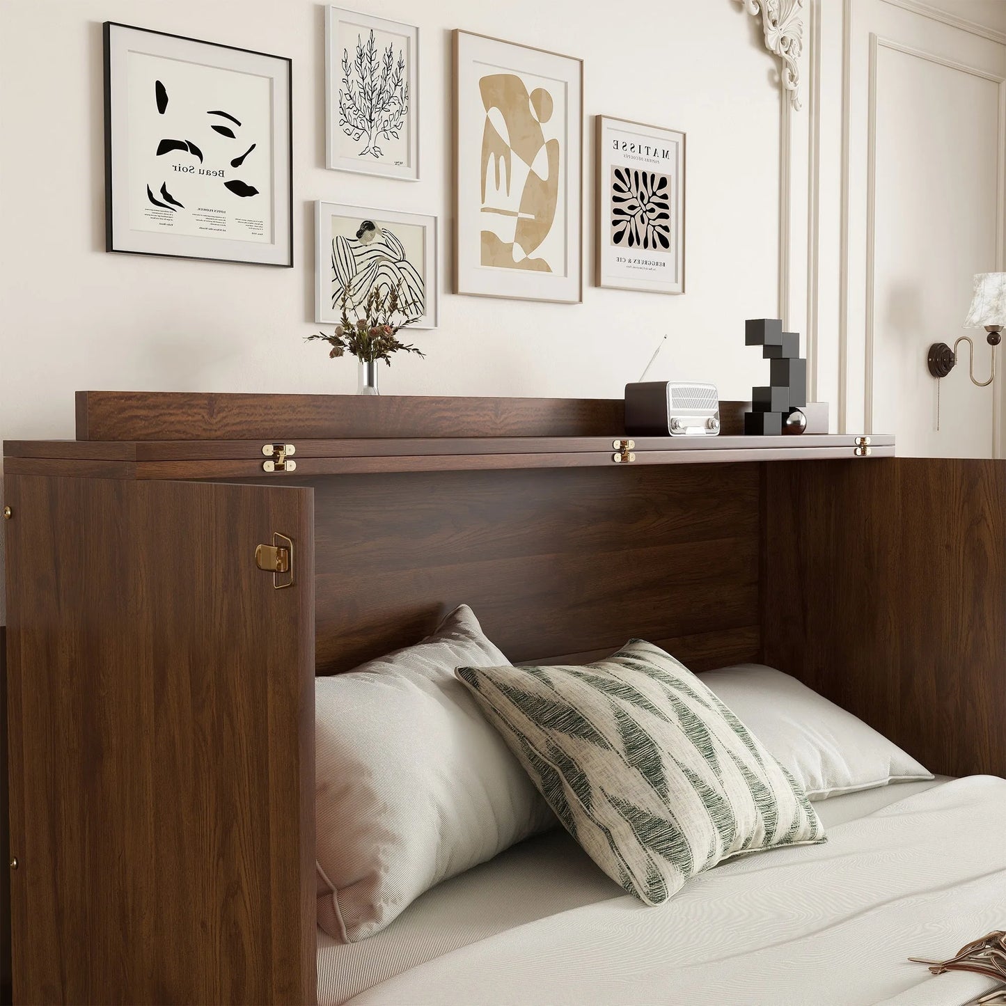 Queen Size Murphy Bed, Pine Wood Cabinet Bed with Power Station and Rattan Decoration Panel, Walnut detail view 23