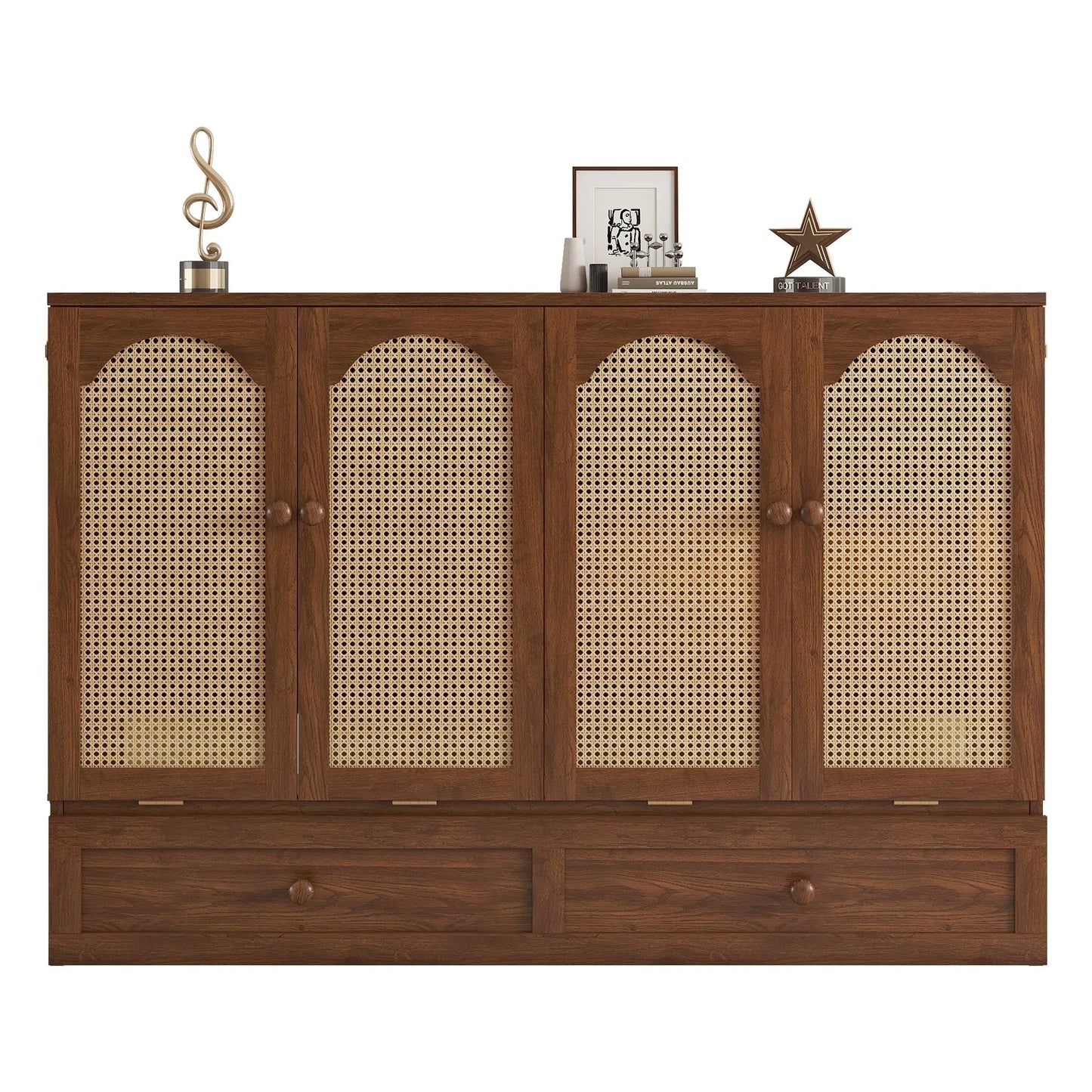 Queen Size Murphy Bed, Pine Wood Cabinet Bed with Power Station and Rattan Decoration Panel, Walnut detail view 24