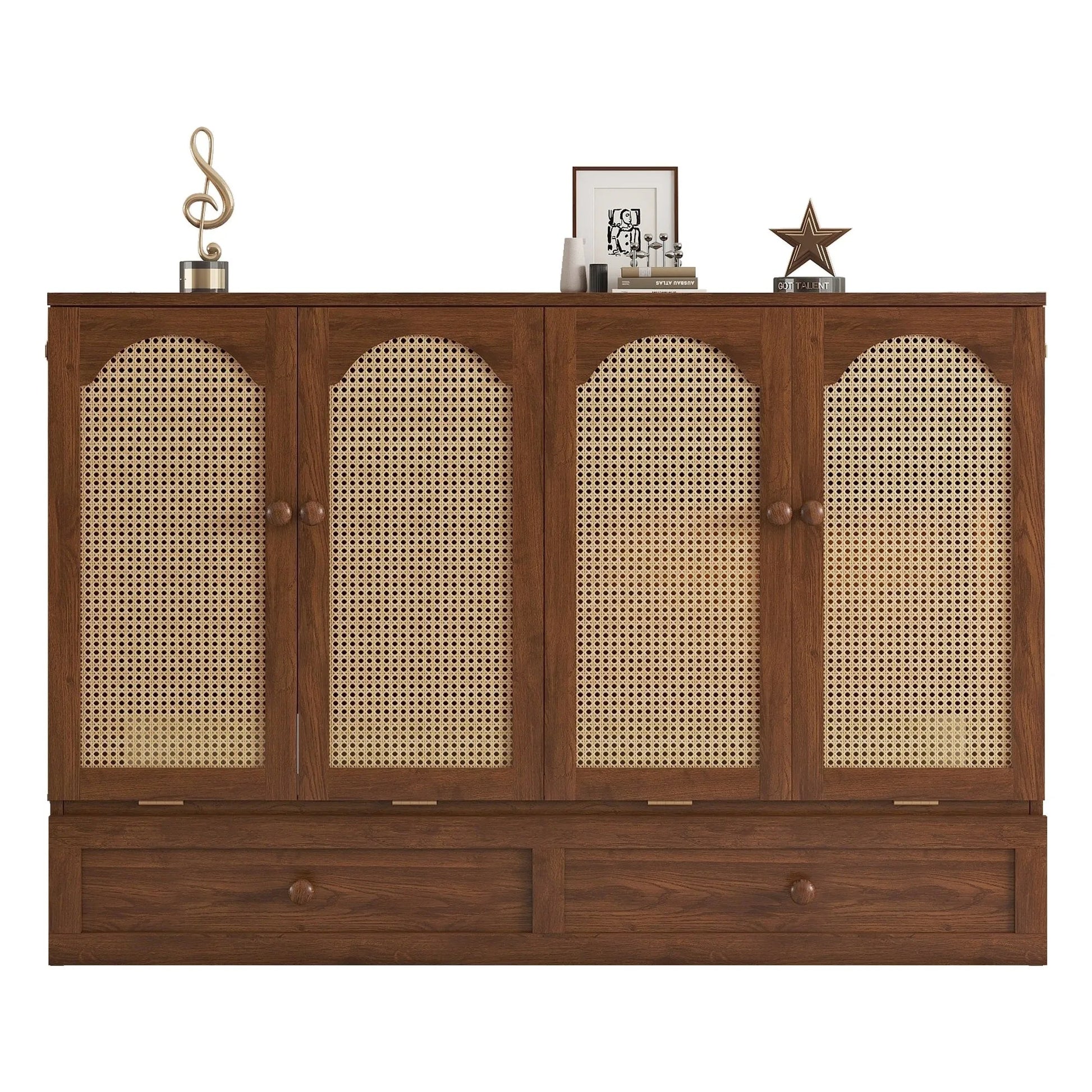 Queen Size Murphy Bed, Pine Wood Cabinet Bed with Power Station and Rattan Decoration Panel, Walnut detail view 24