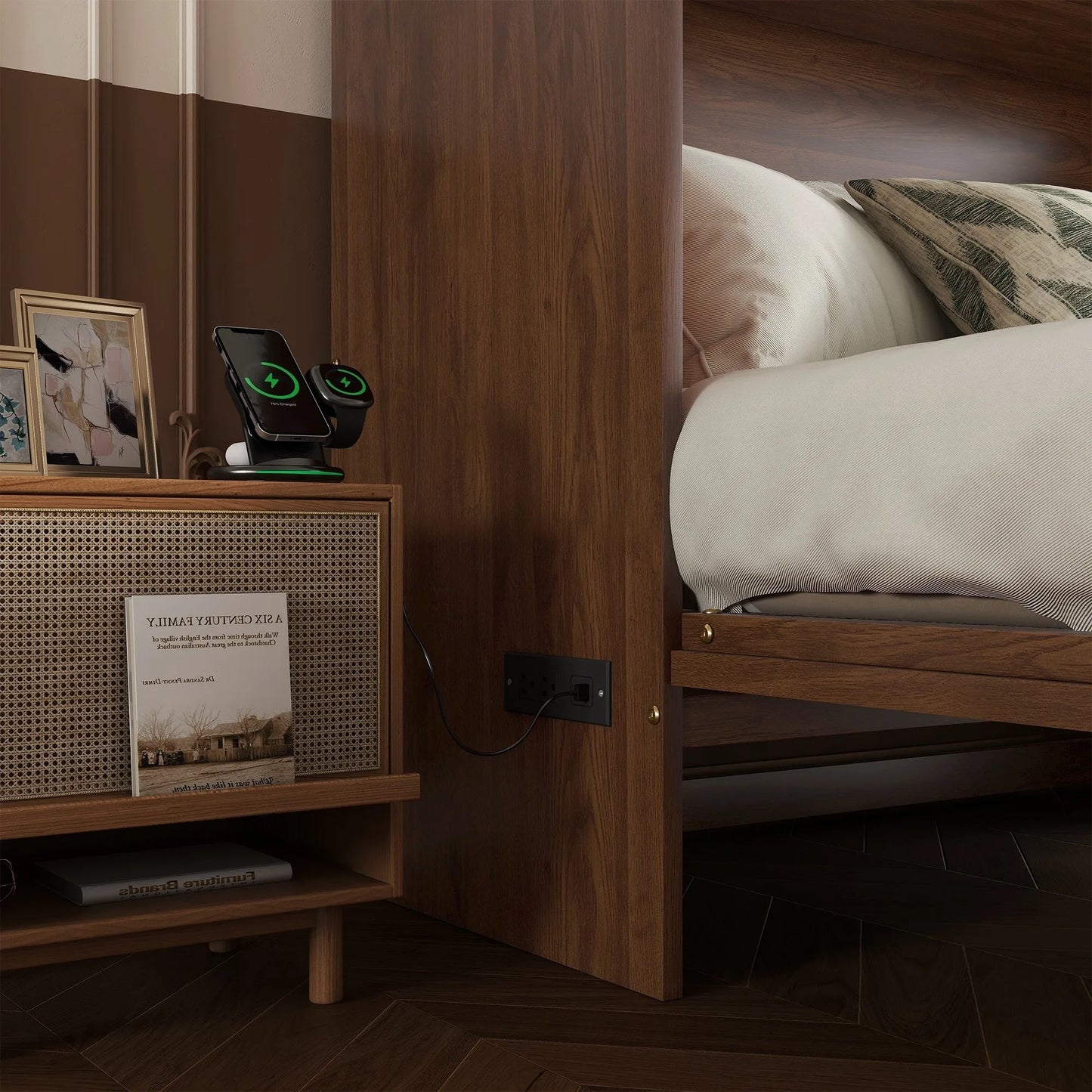Queen Size Murphy Bed, Pine Wood Cabinet Bed with Power Station and Rattan Decoration Panel, Walnut detail view 25