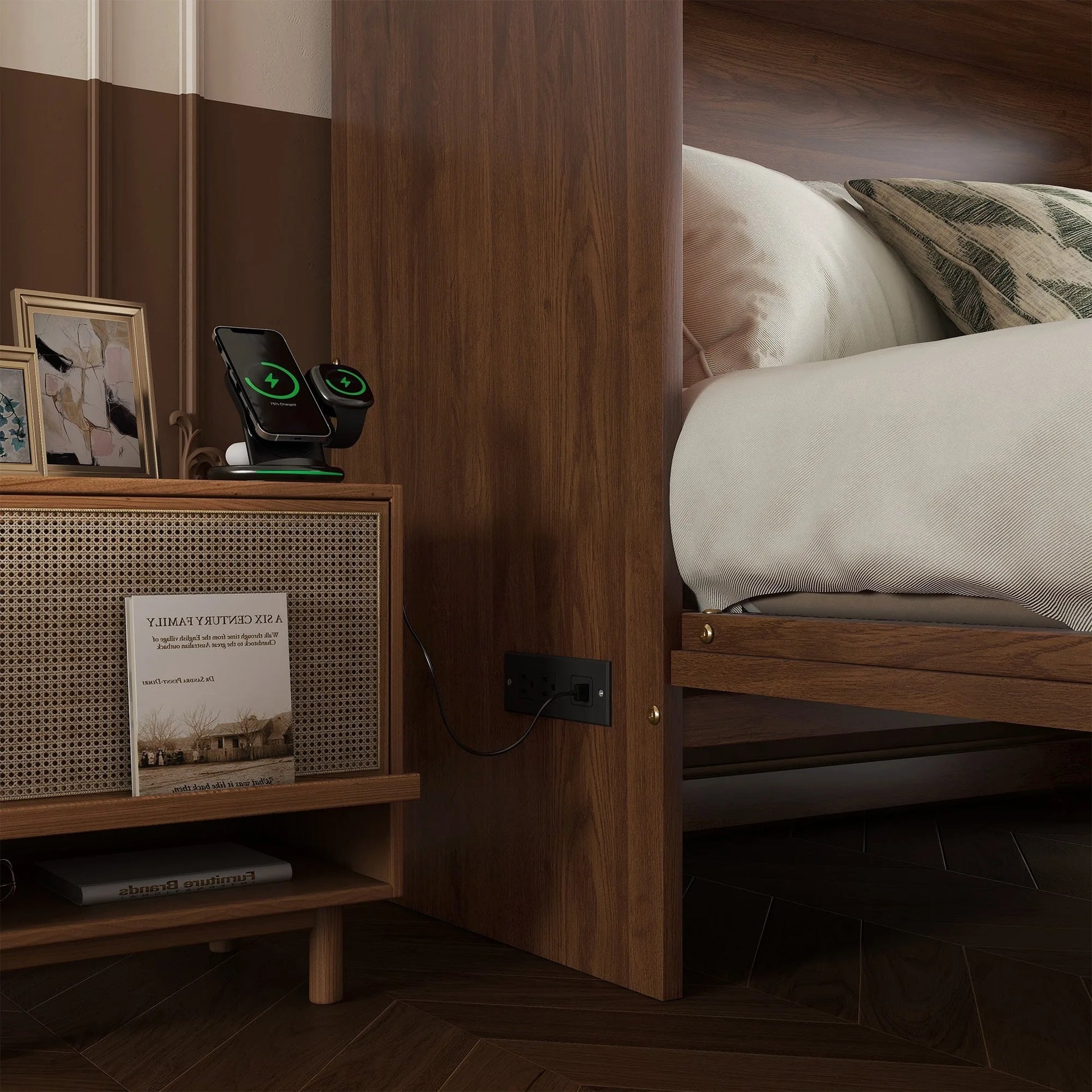Queen Size Murphy Bed, Pine Wood Cabinet Bed with Power Station and Rattan Decoration Panel, Walnut detail view 25