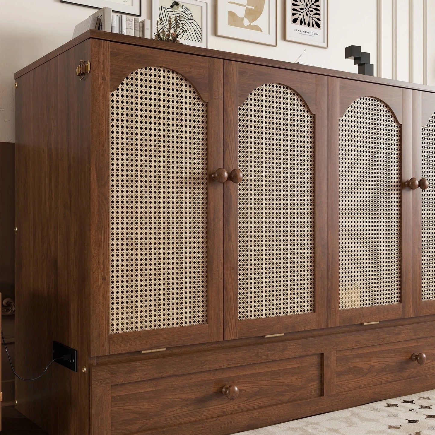 Queen Size Murphy Bed, Pine Wood Cabinet Bed with Power Station and Rattan Decoration Panel, Walnut detail view 26