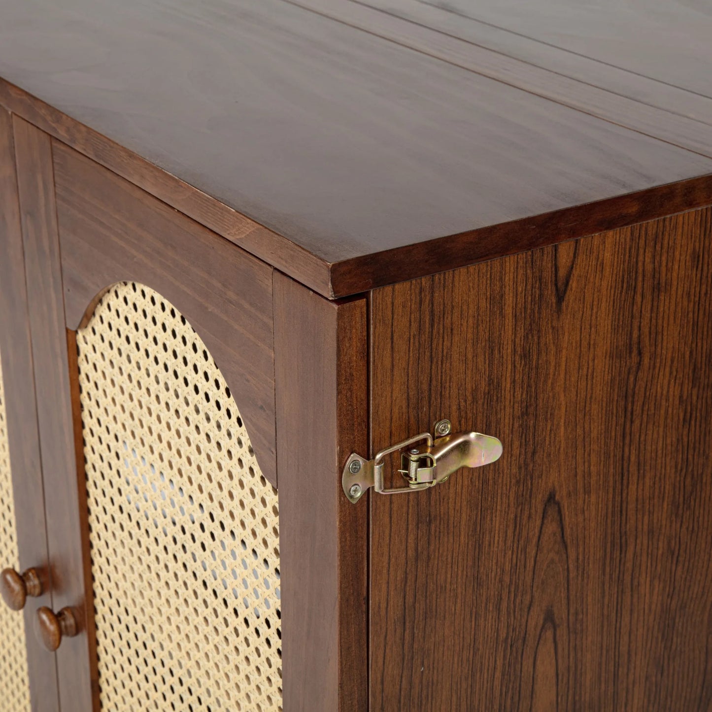 Queen Size Murphy Bed, Pine Wood Cabinet Bed with Power Station and Rattan Decoration Panel, Walnut detail view 27