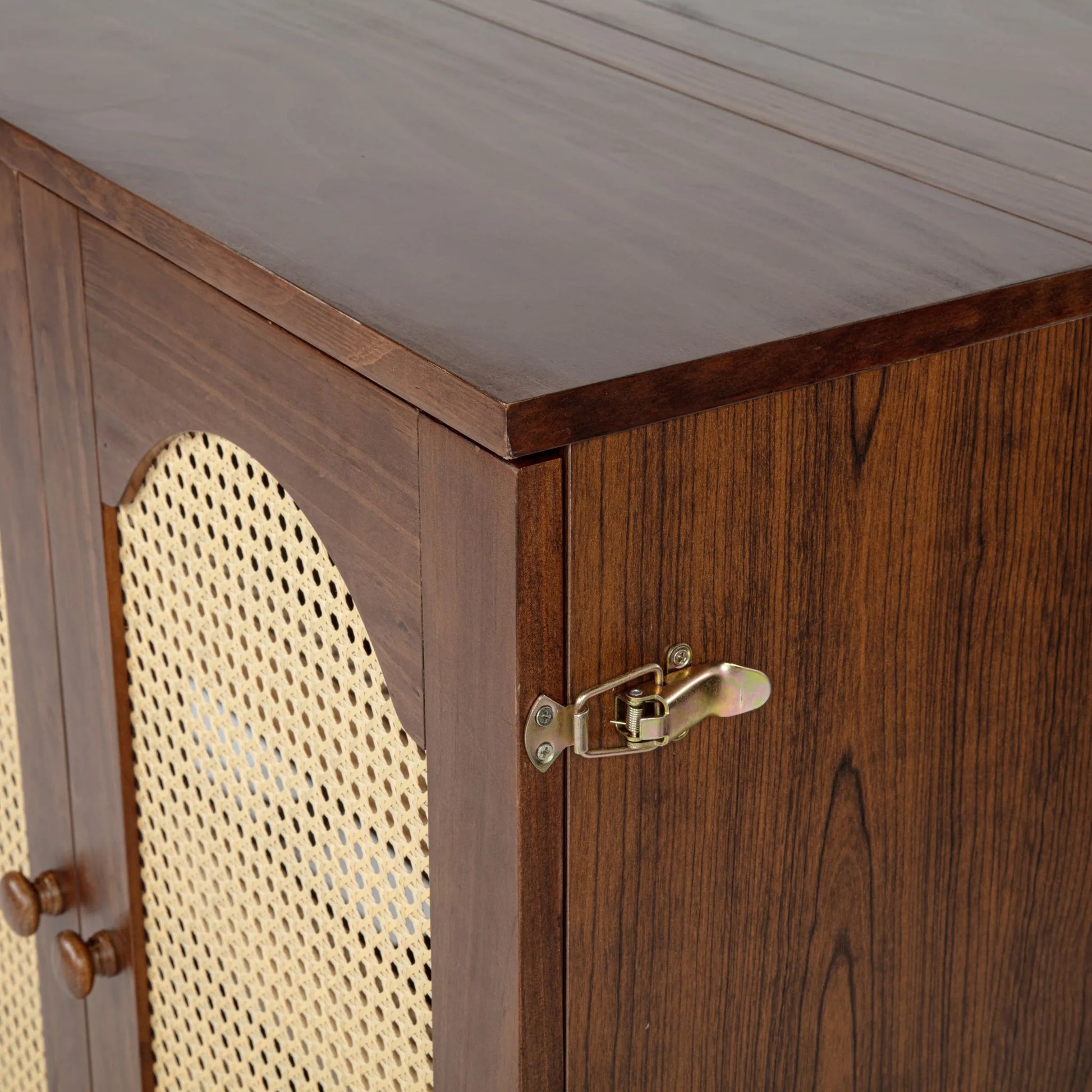 Queen Size Murphy Bed, Pine Wood Cabinet Bed with Power Station and Rattan Decoration Panel, Walnut detail view 27