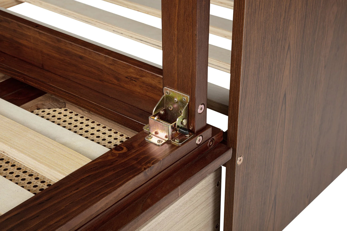 Queen Size Murphy Bed, Pine Wood Cabinet Bed with Power Station and Rattan Decoration Panel, Walnut detail view 28