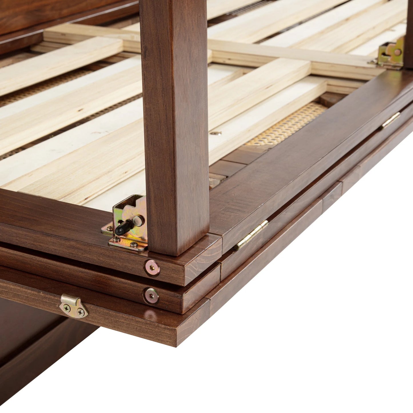 Queen Size Murphy Bed, Pine Wood Cabinet Bed with Power Station and Rattan Decoration Panel, Walnut detail view 29
