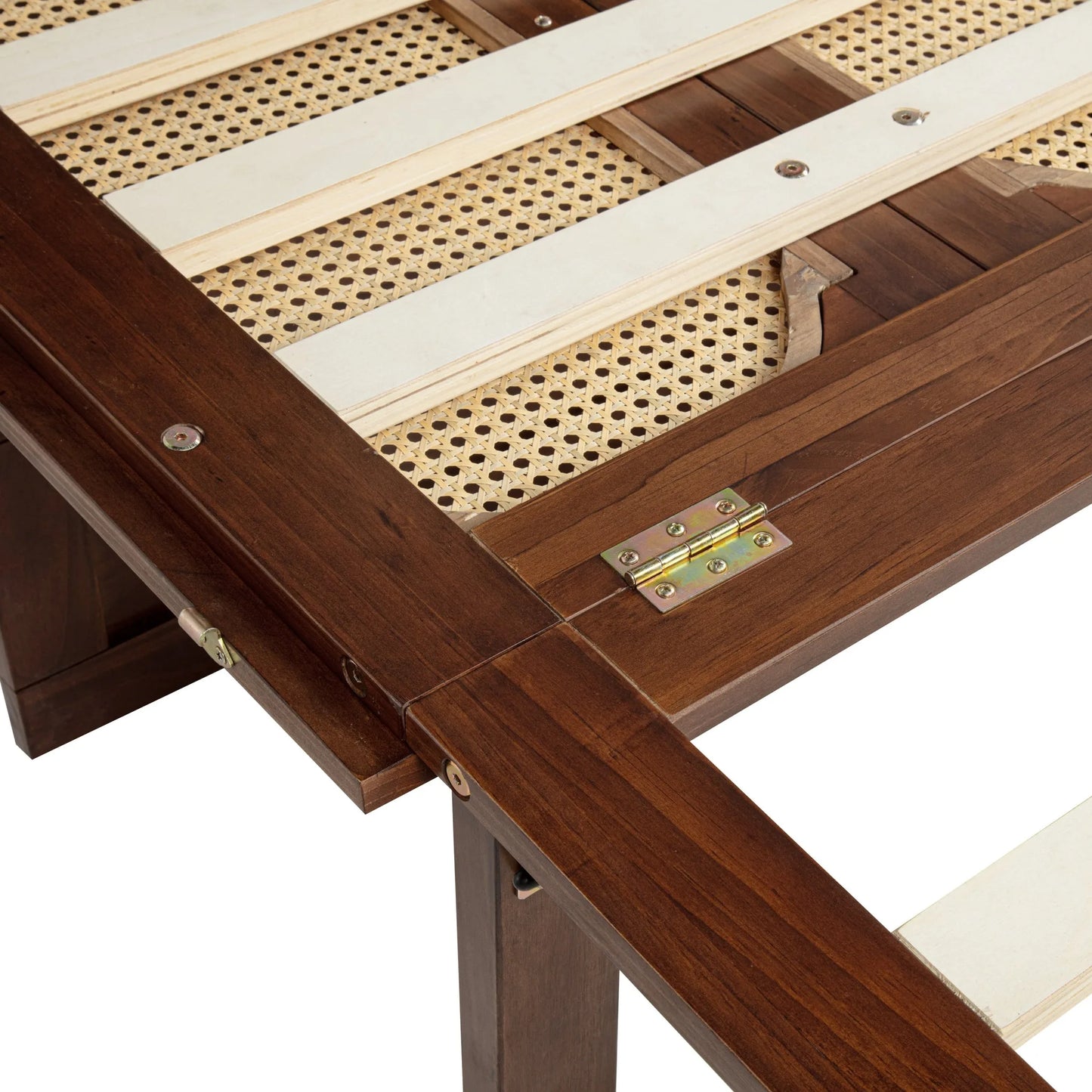 Queen Size Murphy Bed, Pine Wood Cabinet Bed with Power Station and Rattan Decoration Panel, Walnut detail view 32