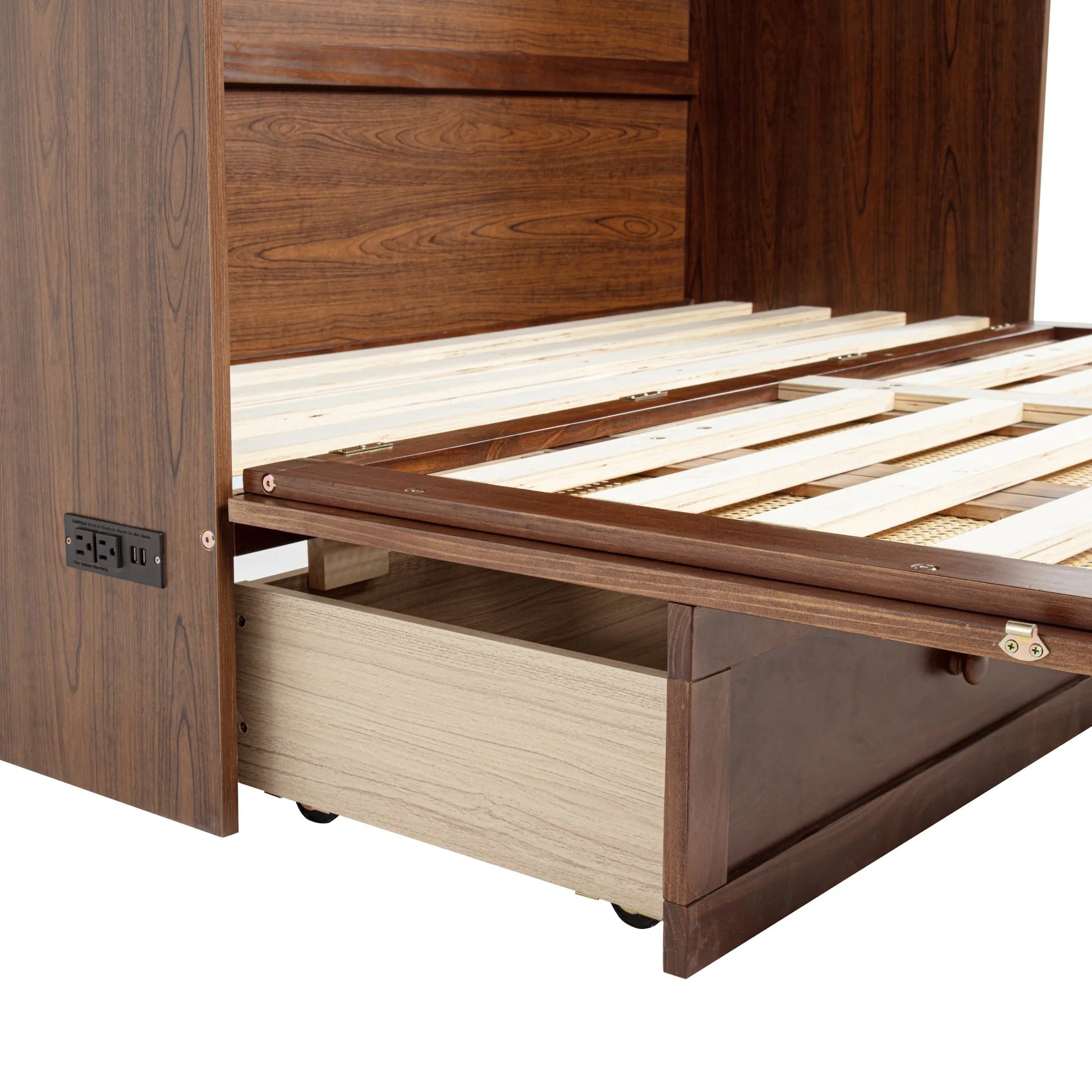 Queen Size Murphy Bed, Pine Wood Cabinet Bed with Power Station and Rattan Decoration Panel, Walnut detail view 33
