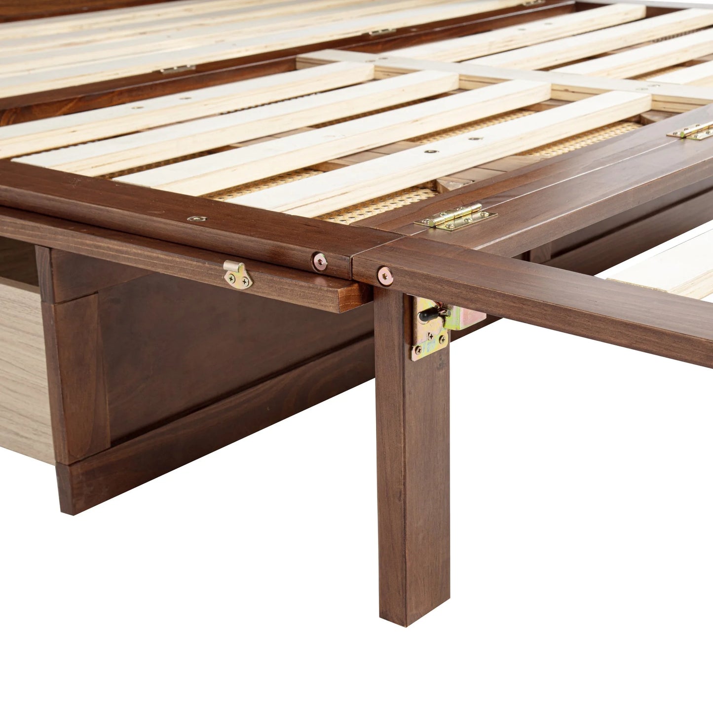 Queen Size Murphy Bed, Pine Wood Cabinet Bed with Power Station and Rattan Decoration Panel, Walnut detail view 34