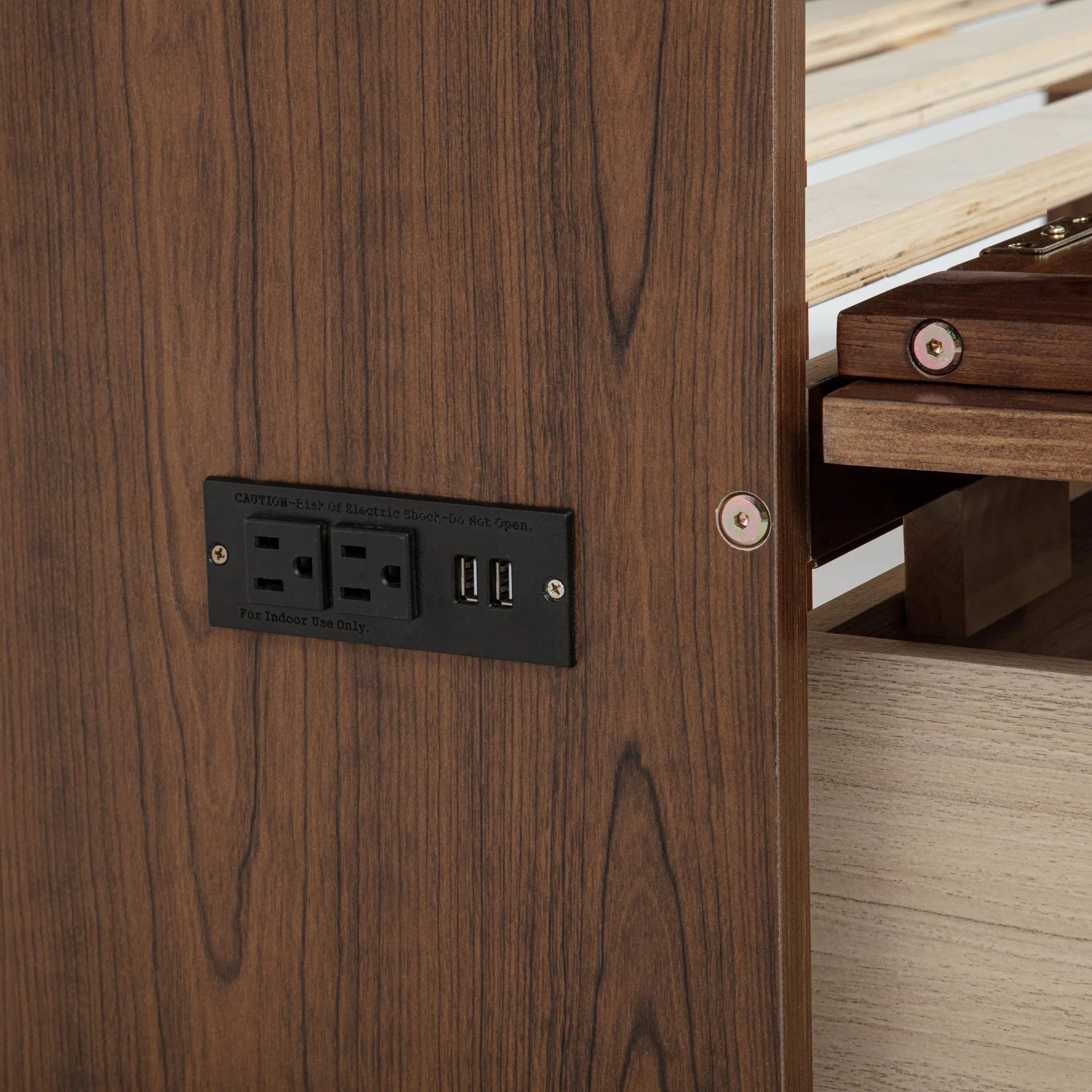 Queen Size Murphy Bed, Pine Wood Cabinet Bed with Power Station and Rattan Decoration Panel, Walnut detail view 35