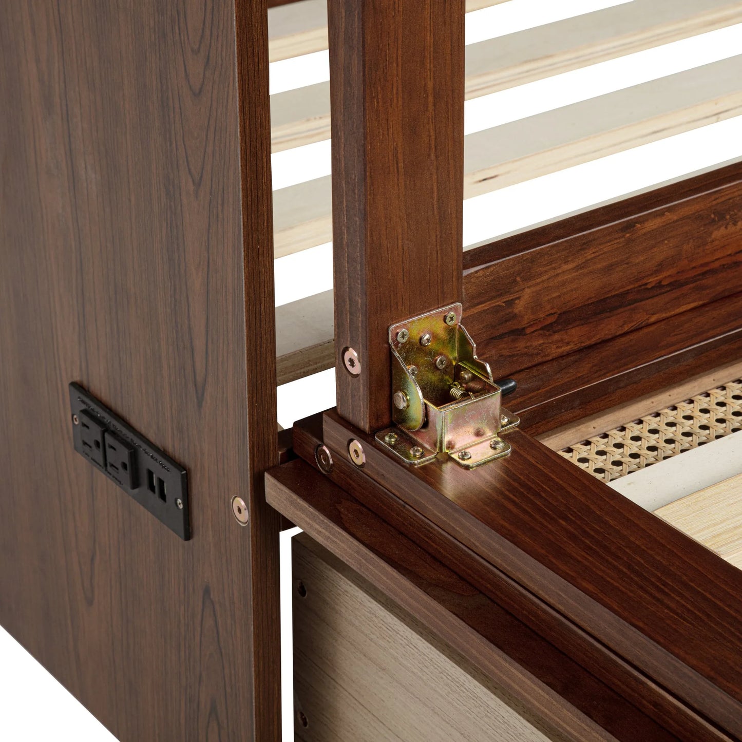 Queen Size Murphy Bed, Pine Wood Cabinet Bed with Power Station and Rattan Decoration Panel, Walnut detail view 37