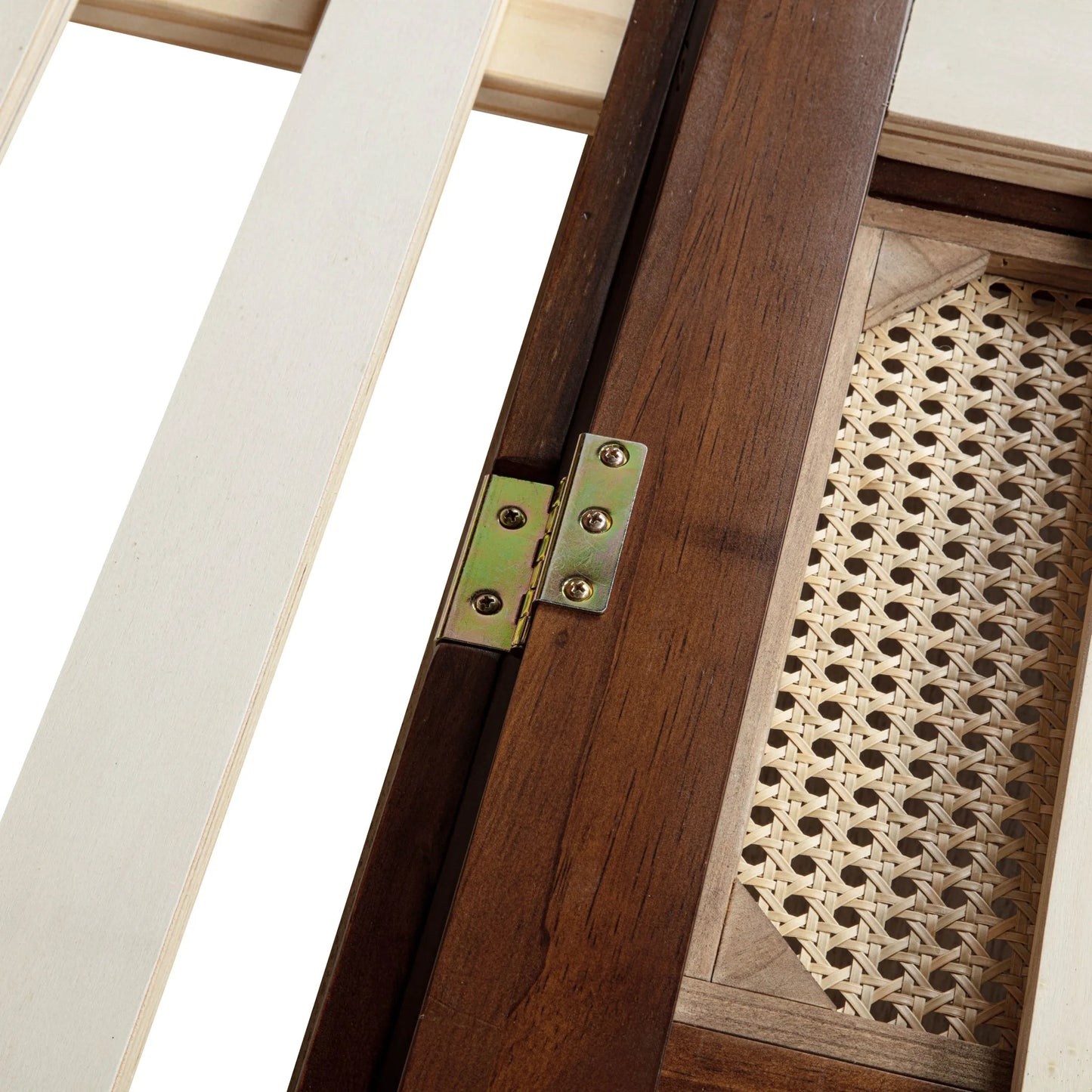 Queen Size Murphy Bed, Pine Wood Cabinet Bed with Power Station and Rattan Decoration Panel, Walnut detail view 39