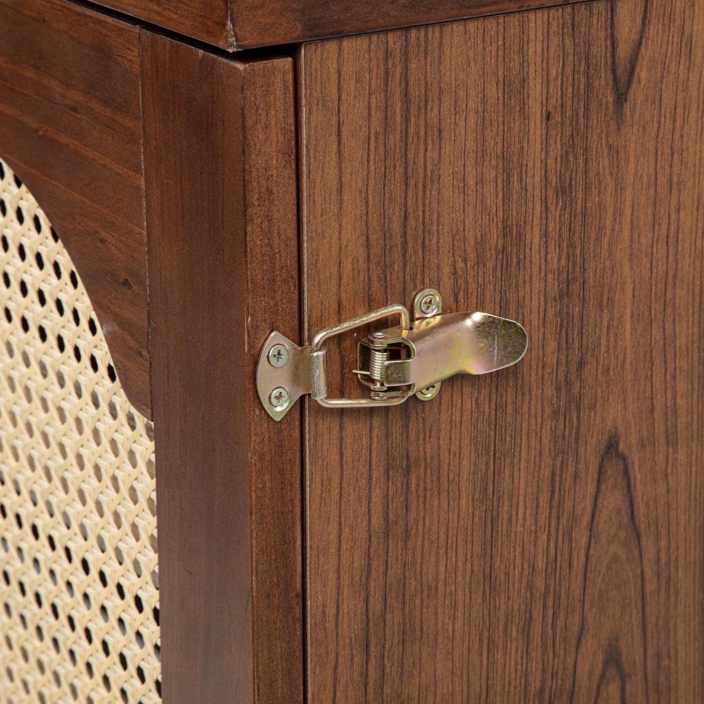 Queen Size Murphy Bed, Pine Wood Cabinet Bed with Power Station and Rattan Decoration Panel, Walnut detail view 40