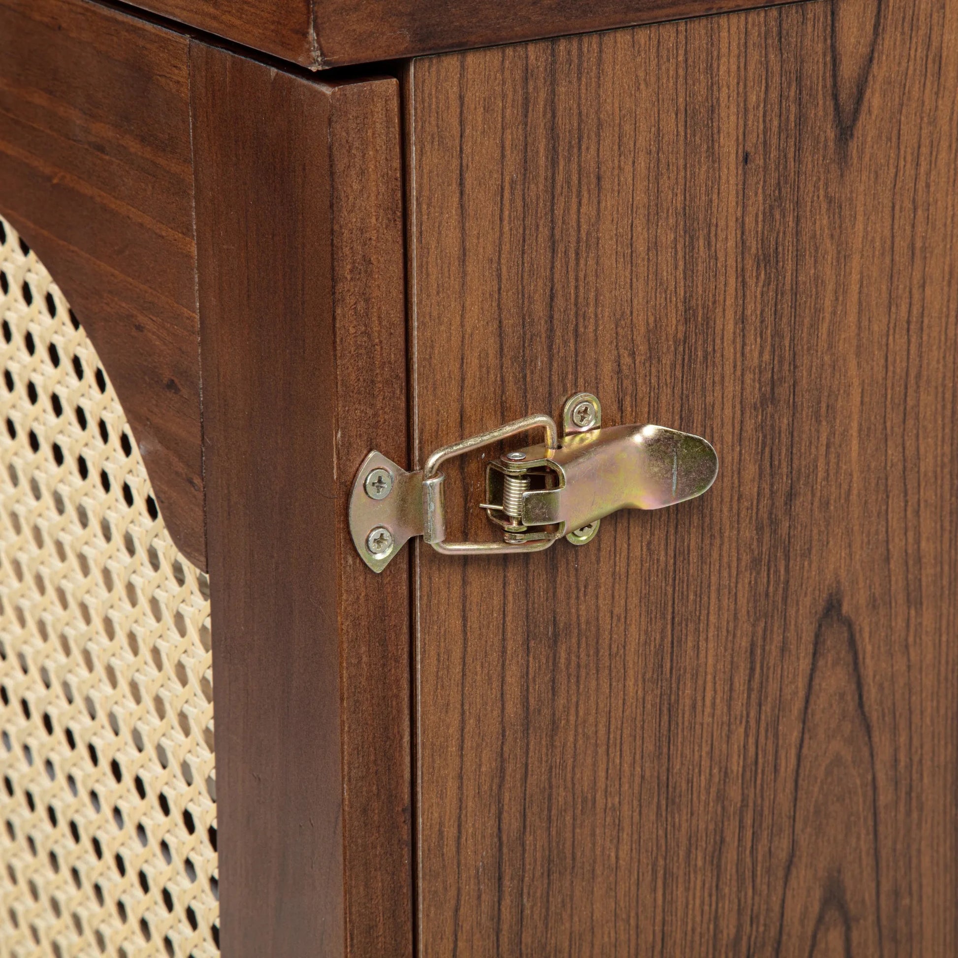 Queen Size Murphy Bed, Pine Wood Cabinet Bed with Power Station and Rattan Decoration Panel, Walnut detail view 40