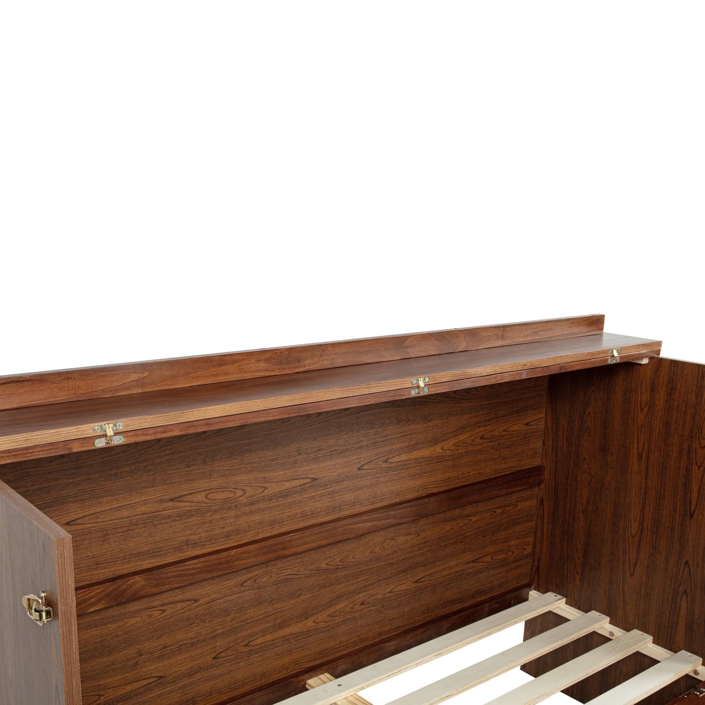 Queen Size Murphy Bed, Pine Wood Cabinet Bed with Power Station and Rattan Decoration Panel, Walnut detail view 41