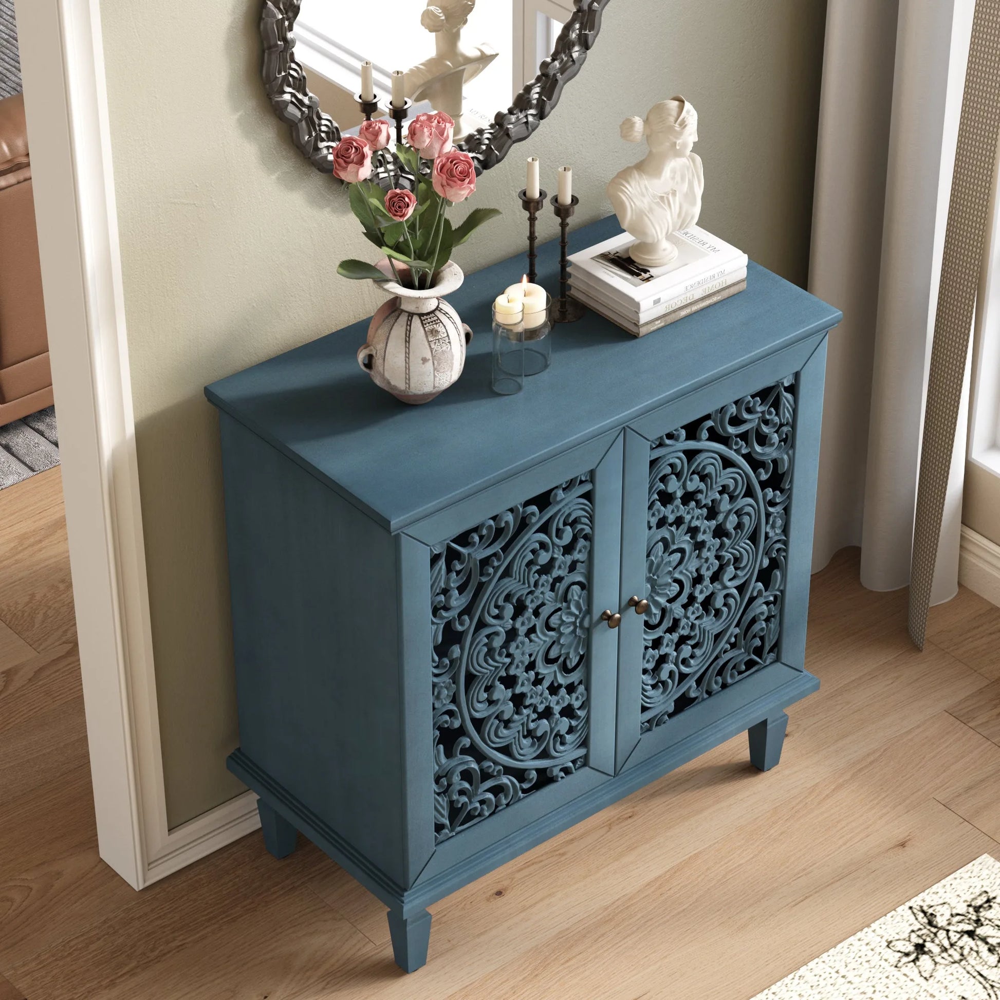 Vintage Hollow-Carved Accent Cabinet, 2-Door Display Storage Sideboard with Symmetrical Floral Design, Adjustable Shelf and Solid Wood Legs for Living Room Entryway(Antique Blue) lifestyle view
