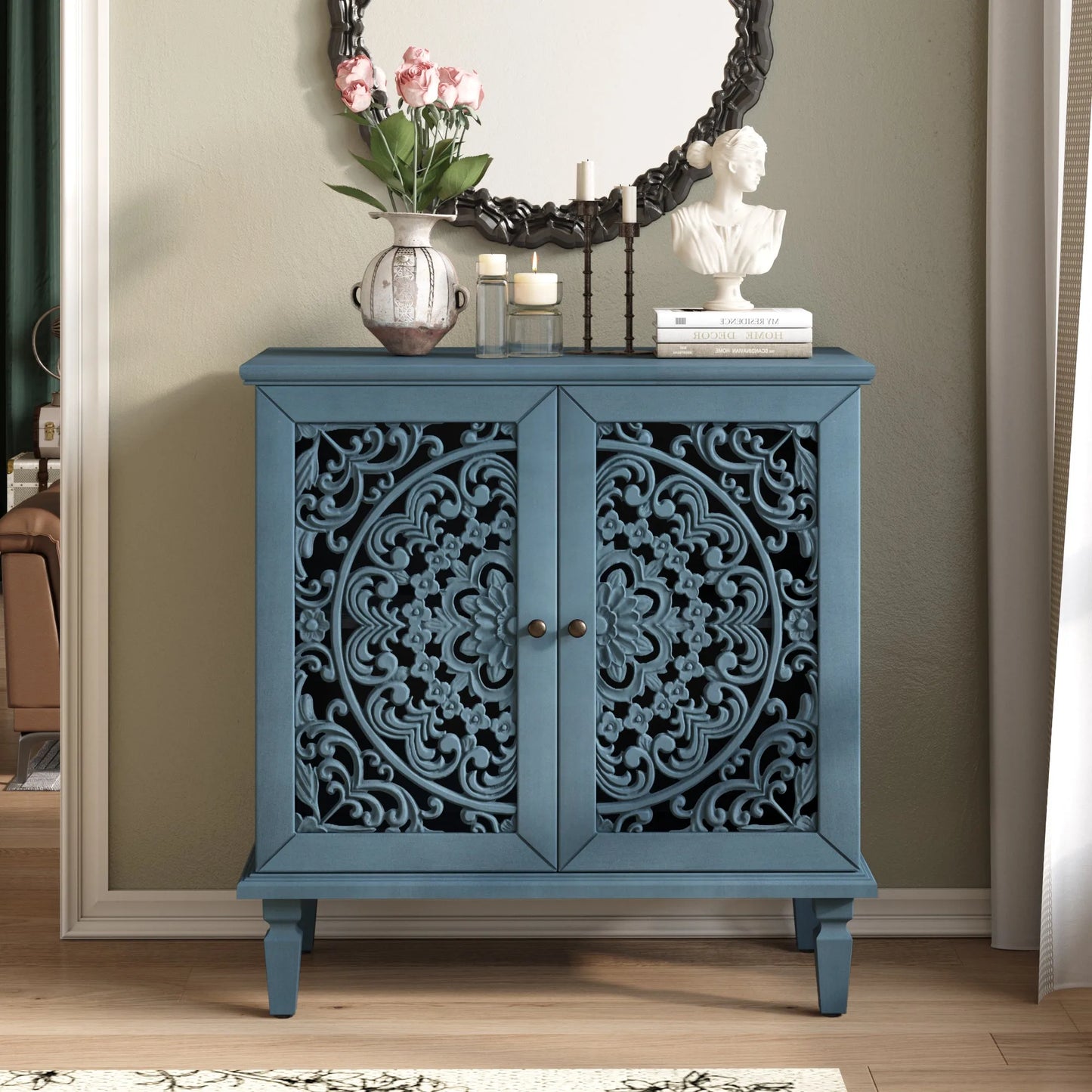 Vintage Hollow-Carved Accent Cabinet, 2-Door Display Storage Sideboard with Symmetrical Floral Design, Adjustable Shelf and Solid Wood Legs for Living Room Entryway(Antique Blue) detail view 3