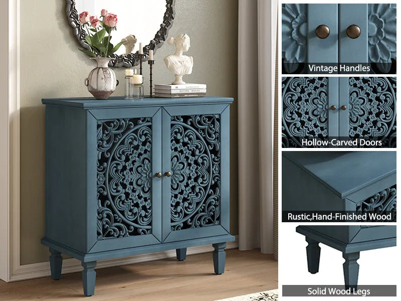 Vintage Hollow-Carved Accent Cabinet, 2-Door Display Storage Sideboard with Symmetrical Floral Design, Adjustable Shelf and Solid Wood Legs for Living Room Entryway(Antique Blue) detail view 4