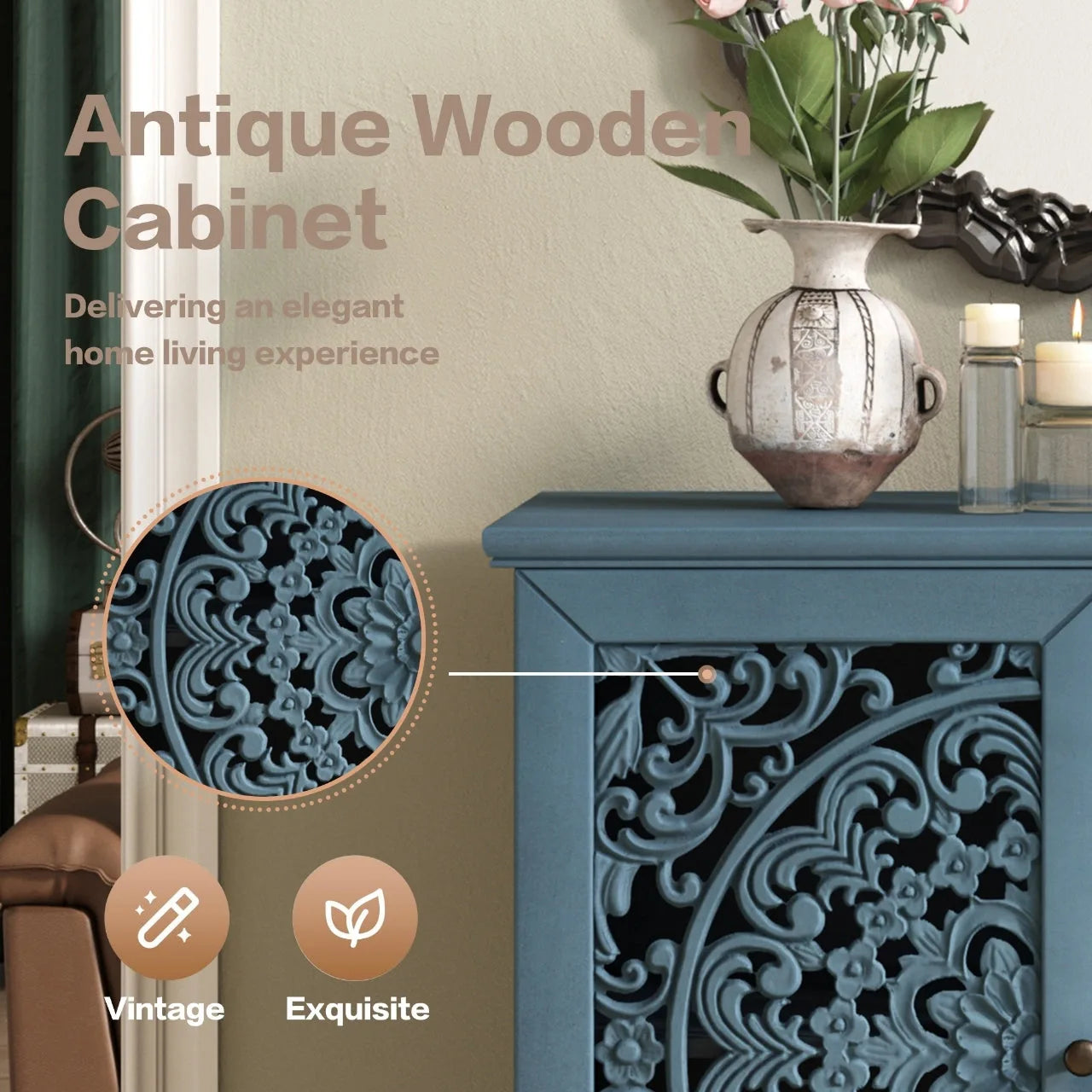 Vintage Hollow-Carved Accent Cabinet, 2-Door Display Storage Sideboard with Symmetrical Floral Design, Adjustable Shelf and Solid Wood Legs for Living Room Entryway(Antique Blue) detail view 5