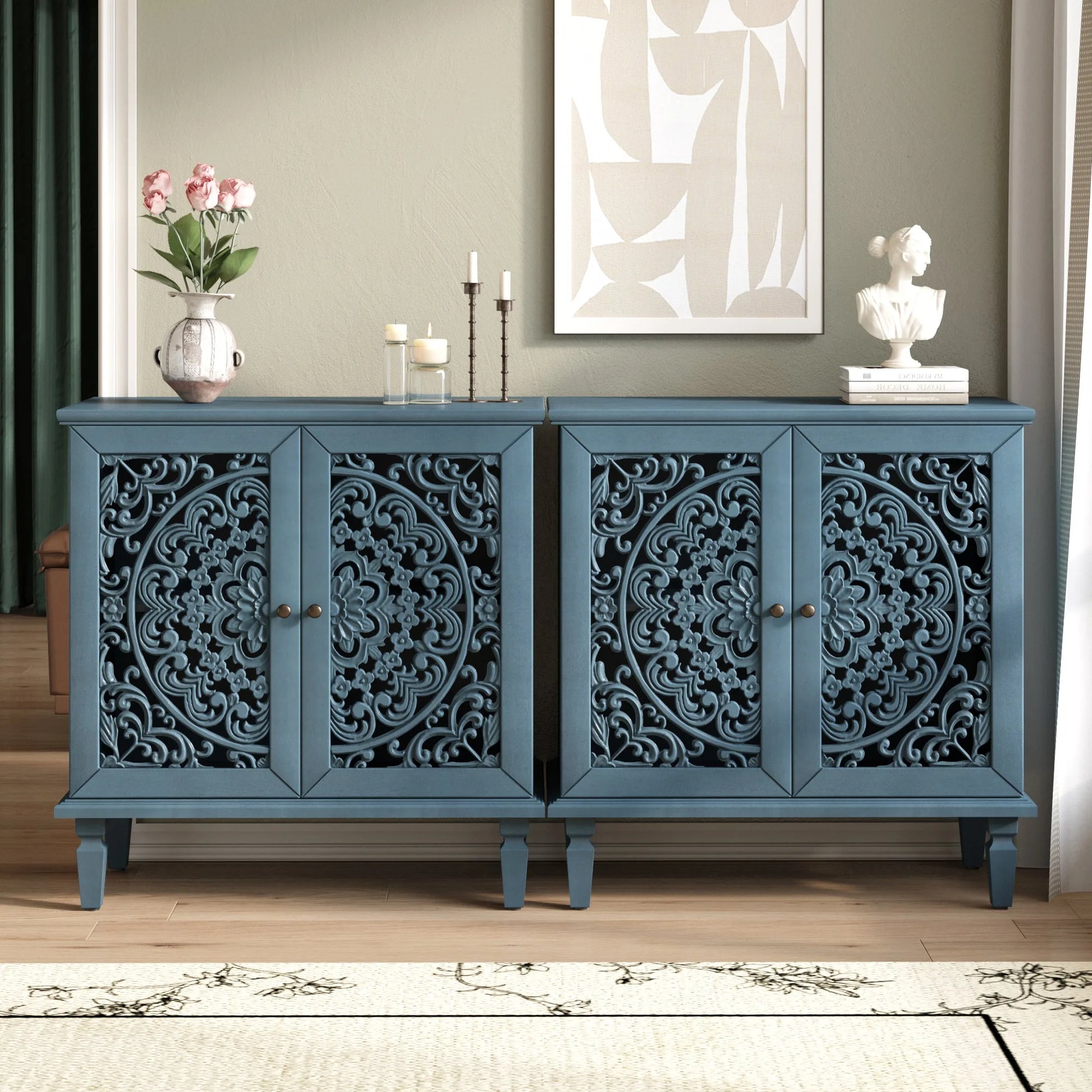 Vintage Hollow-Carved Accent Cabinet, 2-Door Display Storage Sideboard with Symmetrical Floral Design, Adjustable Shelf and Solid Wood Legs for Living Room Entryway(Antique Blue) detail view 8