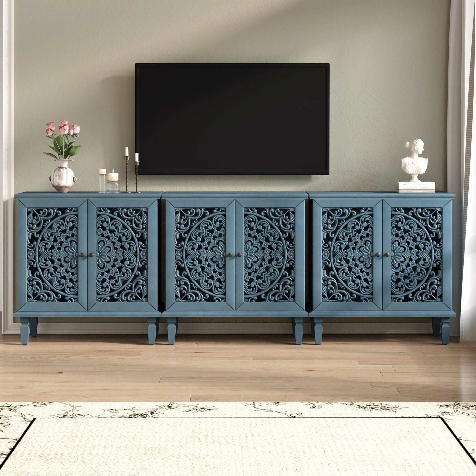Vintage Hollow-Carved Accent Cabinet, 2-Door Display Storage Sideboard with Symmetrical Floral Design, Adjustable Shelf and Solid Wood Legs for Living Room Entryway(Antique Blue) detail view 9