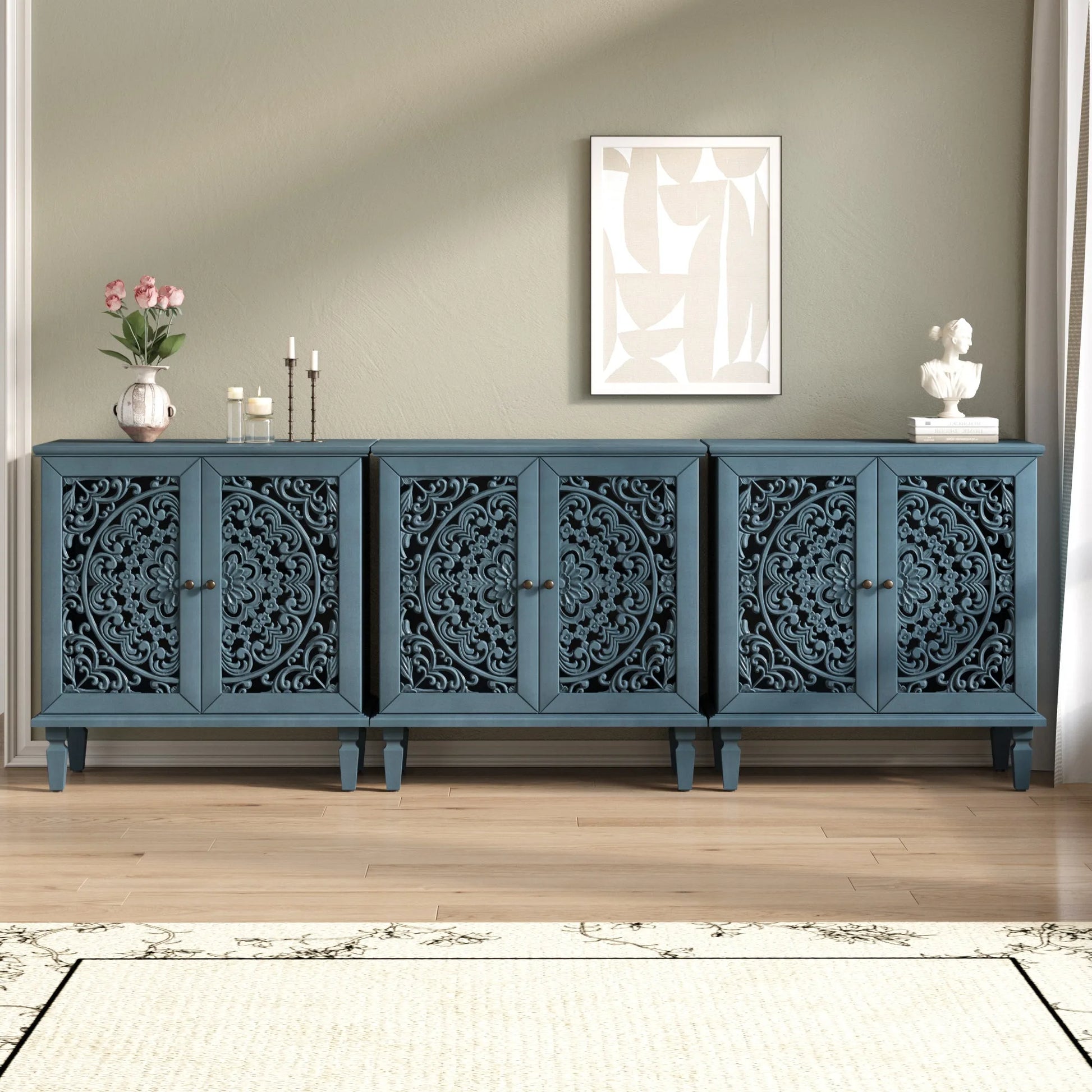 Vintage Hollow-Carved Accent Cabinet, 2-Door Display Storage Sideboard with Symmetrical Floral Design, Adjustable Shelf and Solid Wood Legs for Living Room Entryway(Antique Blue) detail view 10