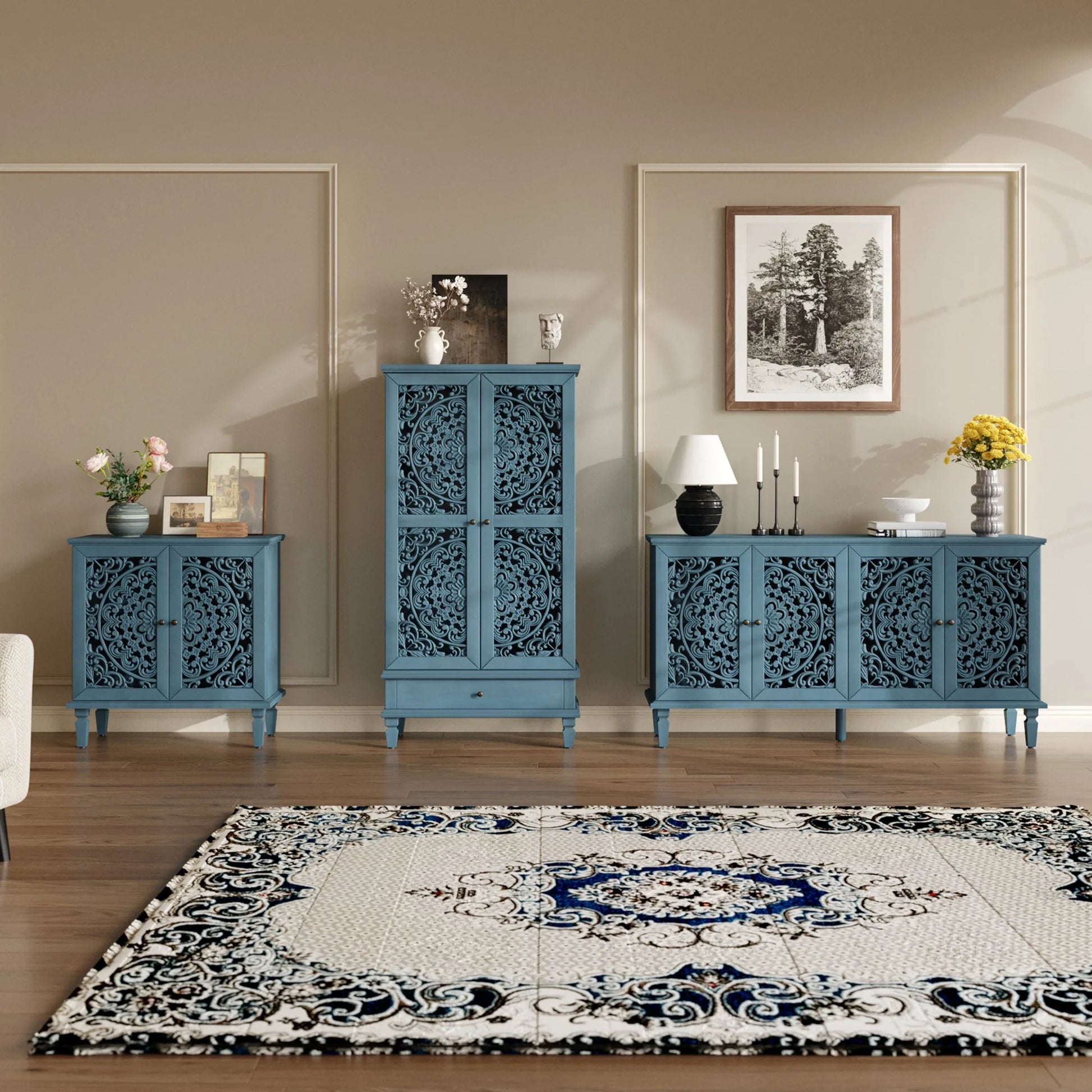 Vintage Hollow-Carved Accent Cabinet, 2-Door Display Storage Sideboard with Symmetrical Floral Design, Adjustable Shelf and Solid Wood Legs for Living Room Entryway(Antique Blue) detail view 11