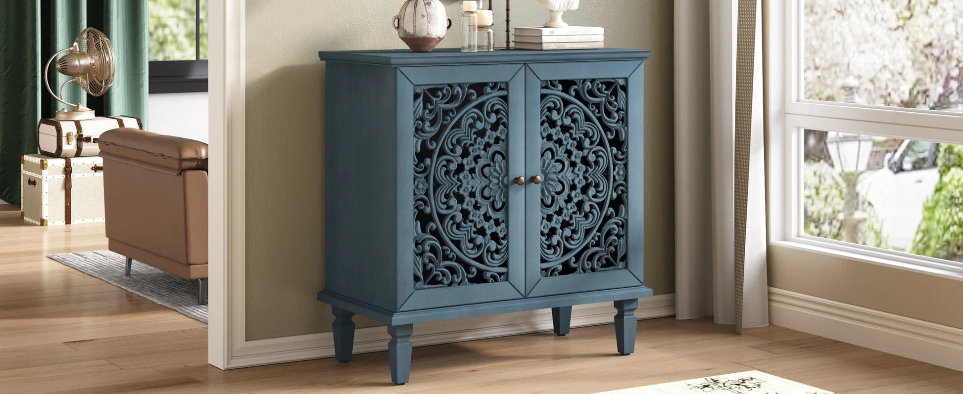 Vintage Hollow-Carved Accent Cabinet, 2-Door Display Storage Sideboard with Symmetrical Floral Design, Adjustable Shelf and Solid Wood Legs for Living Room Entryway(Antique Blue) detail view 12