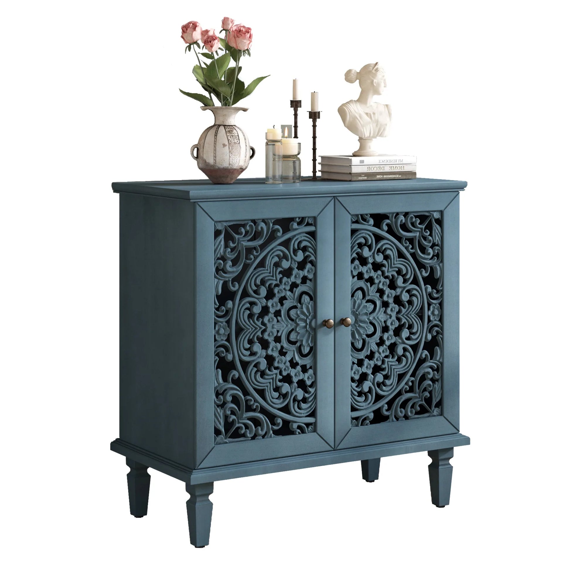 Vintage Hollow-Carved Accent Cabinet, 2-Door Display Storage Sideboard with Symmetrical Floral Design, Adjustable Shelf and Solid Wood Legs for Living Room Entryway(Antique Blue) detail view 13