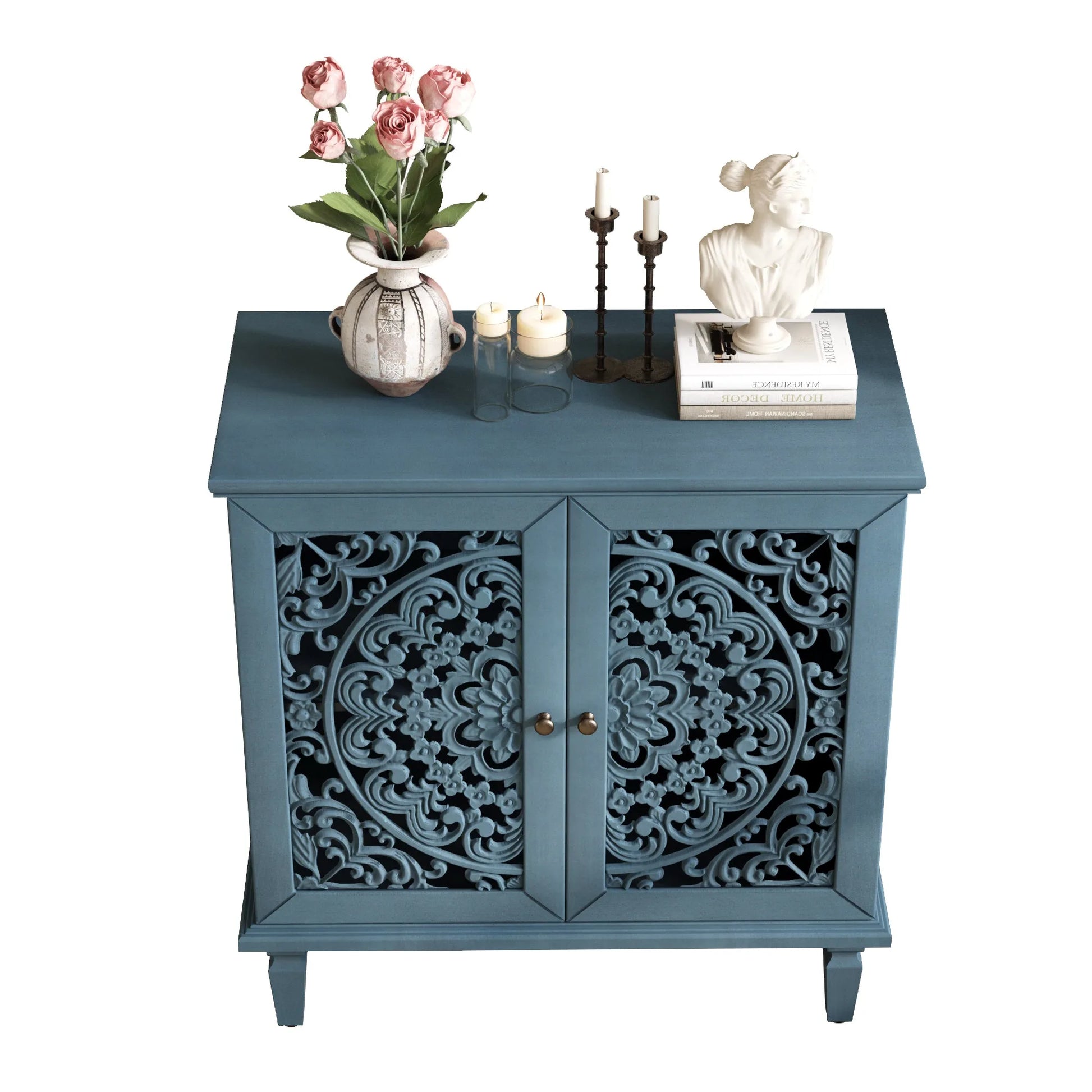 Vintage Hollow-Carved Accent Cabinet, 2-Door Display Storage Sideboard with Symmetrical Floral Design, Adjustable Shelf and Solid Wood Legs for Living Room Entryway(Antique Blue) detail view 14