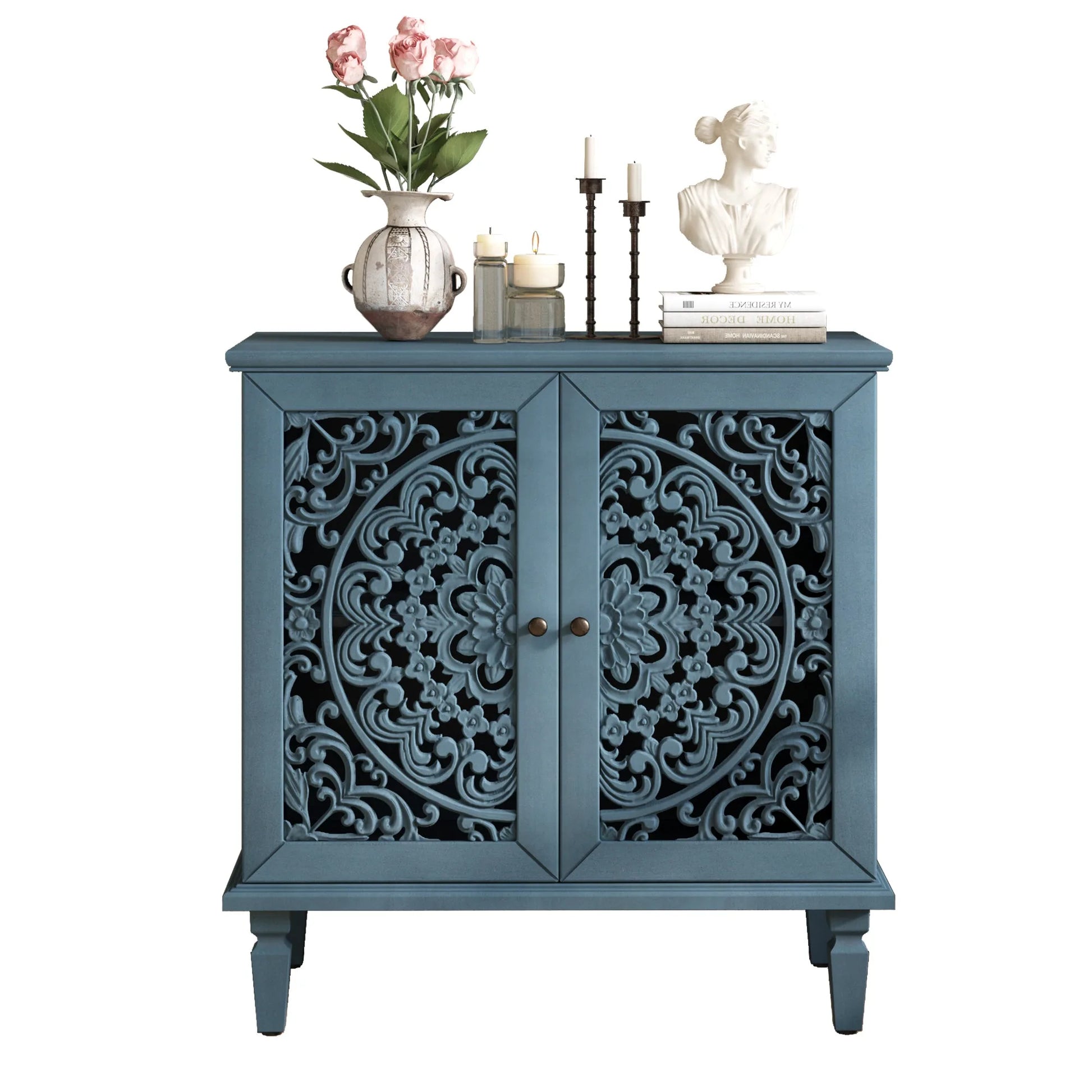 Vintage Hollow-Carved Accent Cabinet, 2-Door Display Storage Sideboard with Symmetrical Floral Design, Adjustable Shelf and Solid Wood Legs for Living Room Entryway(Antique Blue) detail view 15