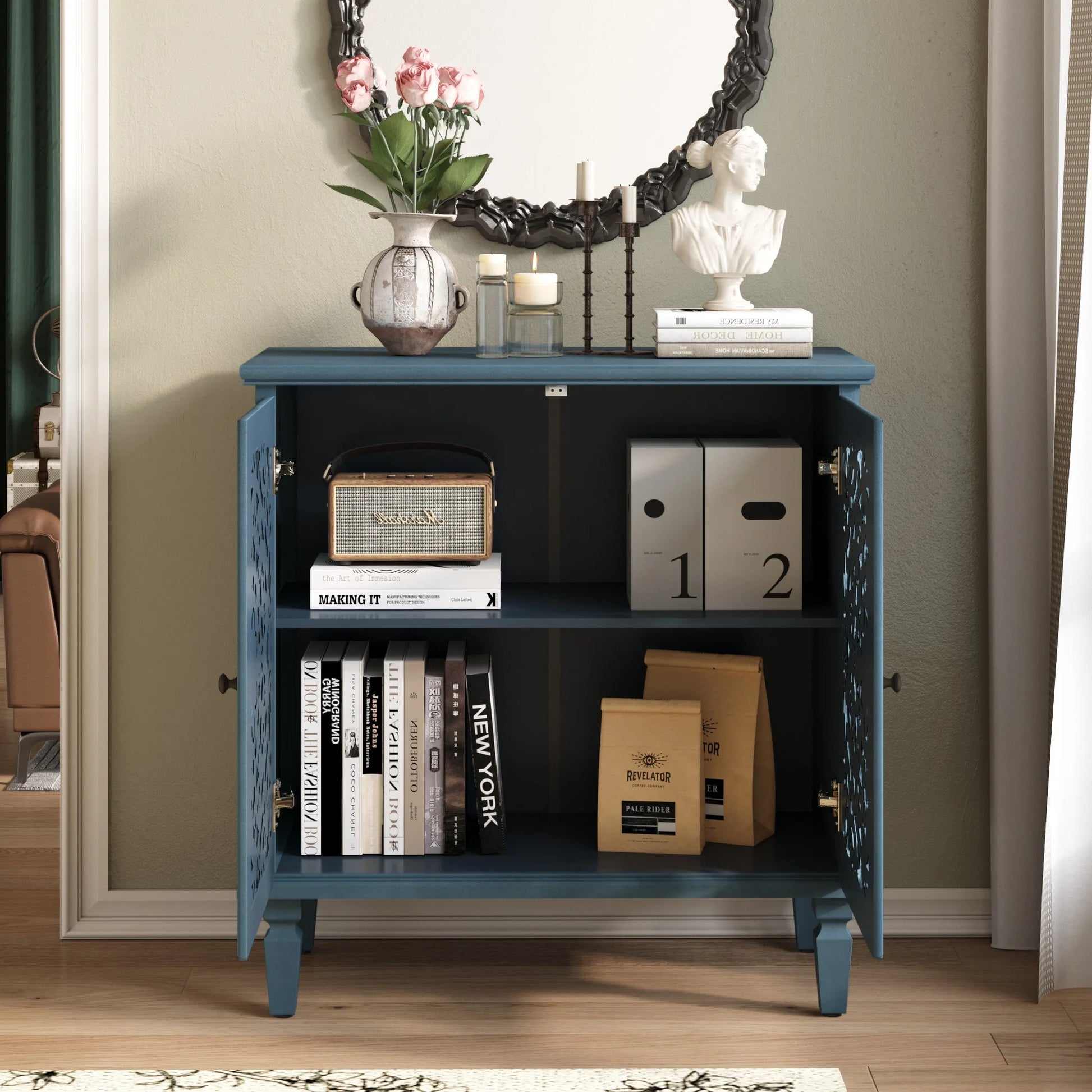 Vintage Hollow-Carved Accent Cabinet, 2-Door Display Storage Sideboard with Symmetrical Floral Design, Adjustable Shelf and Solid Wood Legs for Living Room Entryway(Antique Blue) detail view 16