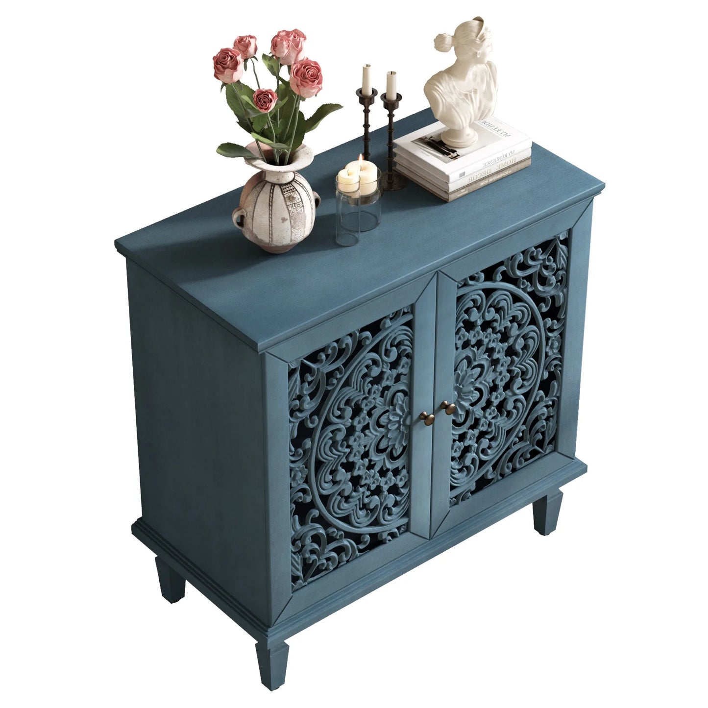 Vintage Hollow-Carved Accent Cabinet, 2-Door Display Storage Sideboard with Symmetrical Floral Design, Adjustable Shelf and Solid Wood Legs for Living Room Entryway(Antique Blue) detail view 18