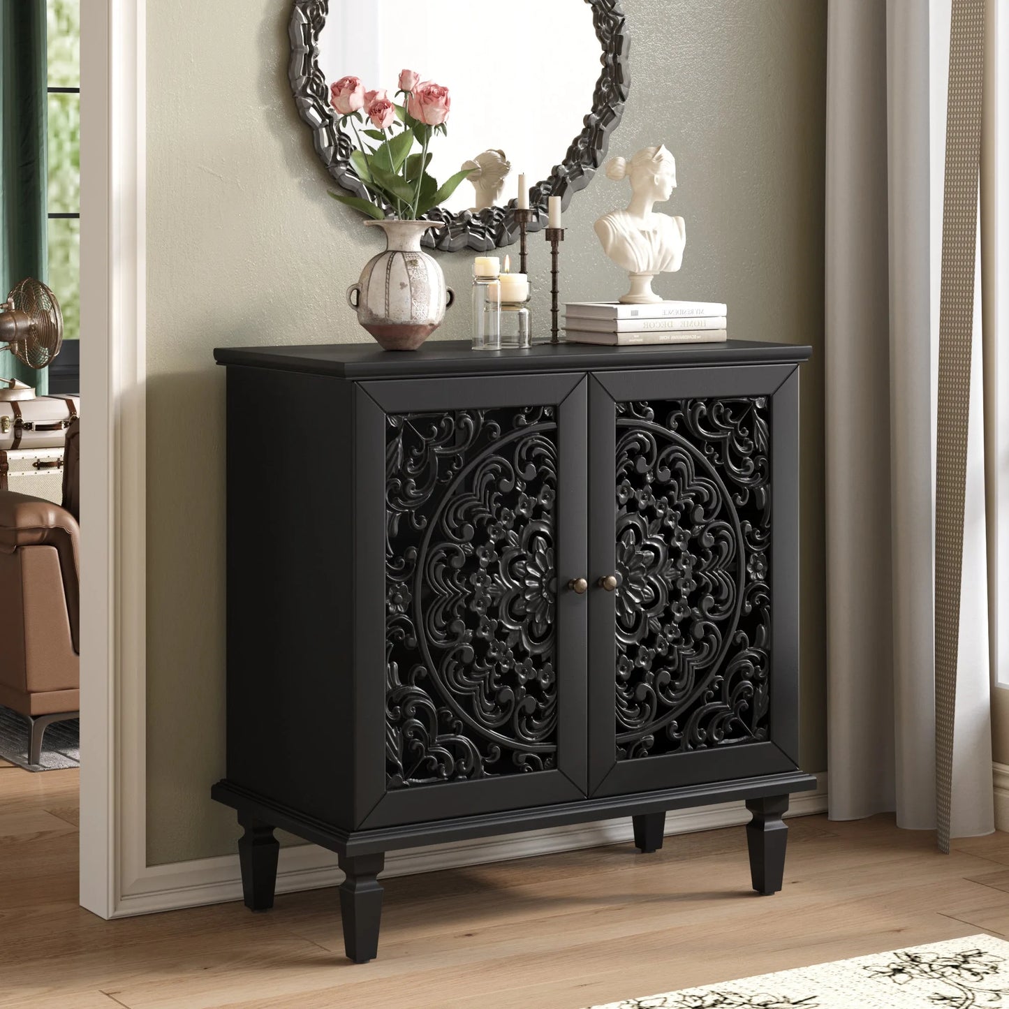 Vintage Hollow-Carved Accent Cabinet, 2-Door Display Storage Sideboard with Symmetrical Floral Design, Adjustable Shelf and Solid Wood Legs for Living Room Entryway(Antique Blue) detail view 19