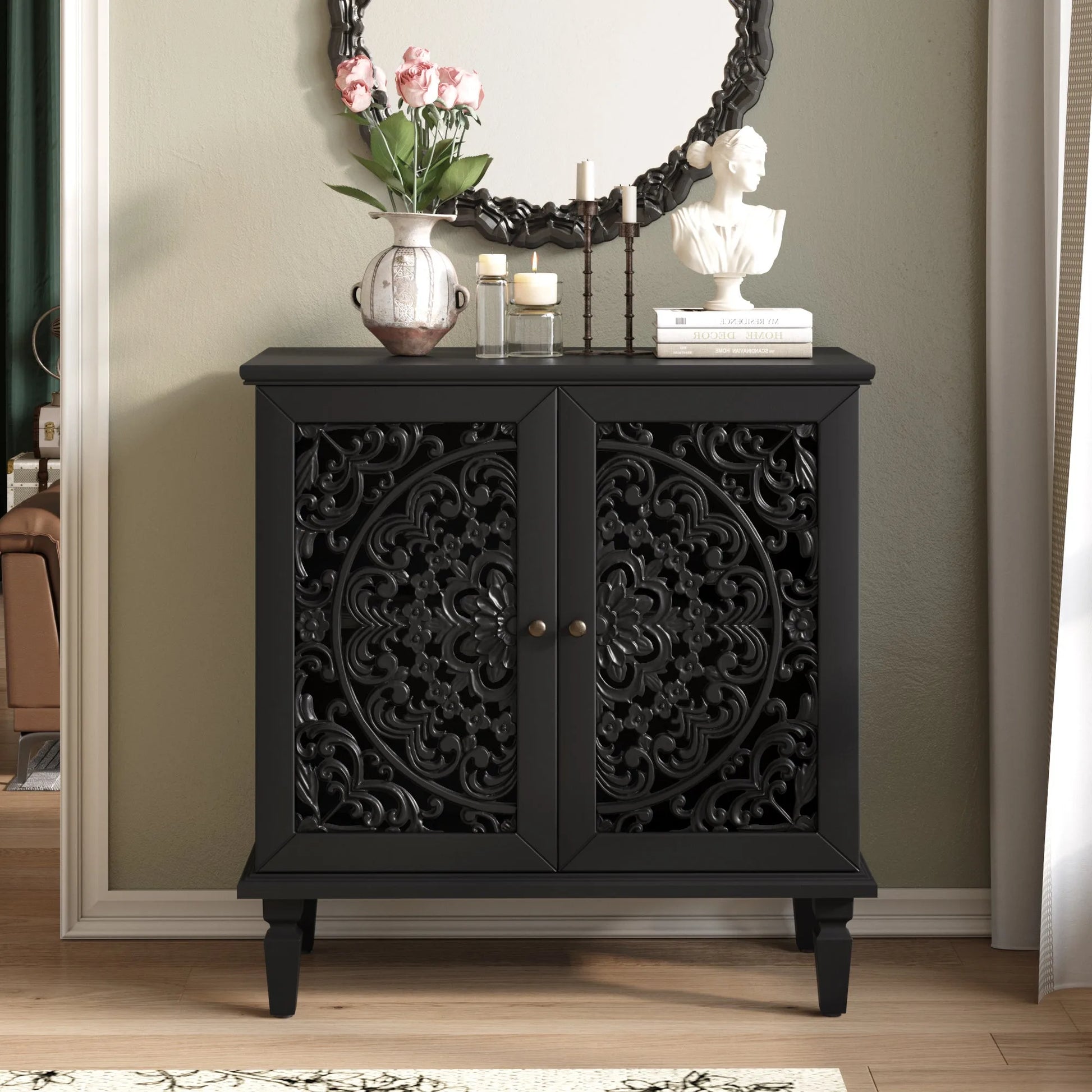 Vintage Hollow-Carved Accent Cabinet, 2-Door Display Storage Sideboard with Symmetrical Floral Design, Adjustable Shelf and Solid Wood Legs for Living Room Entryway(Antique Blue) detail view 20