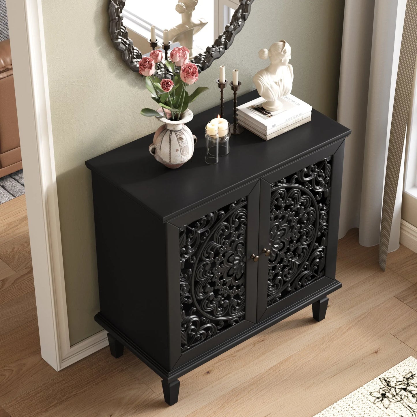 Vintage Hollow-Carved Accent Cabinet, 2-Door Display Storage Sideboard with Symmetrical Floral Design, Adjustable Shelf and Solid Wood Legs for Living Room Entryway(Antique Blue) detail view 21