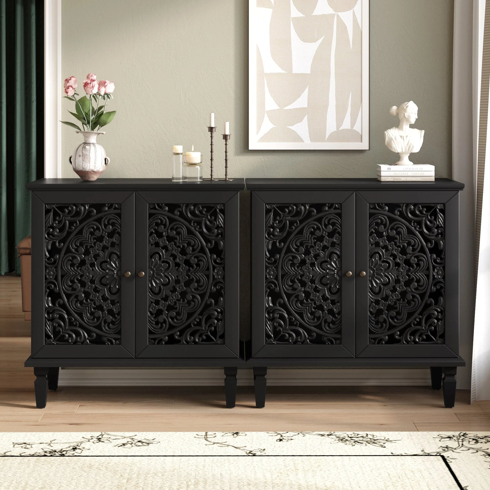 Vintage Hollow-Carved Accent Cabinet, 2-Door Display Storage Sideboard with Symmetrical Floral Design, Adjustable Shelf and Solid Wood Legs for Living Room Entryway(Antique Blue) detail view 22