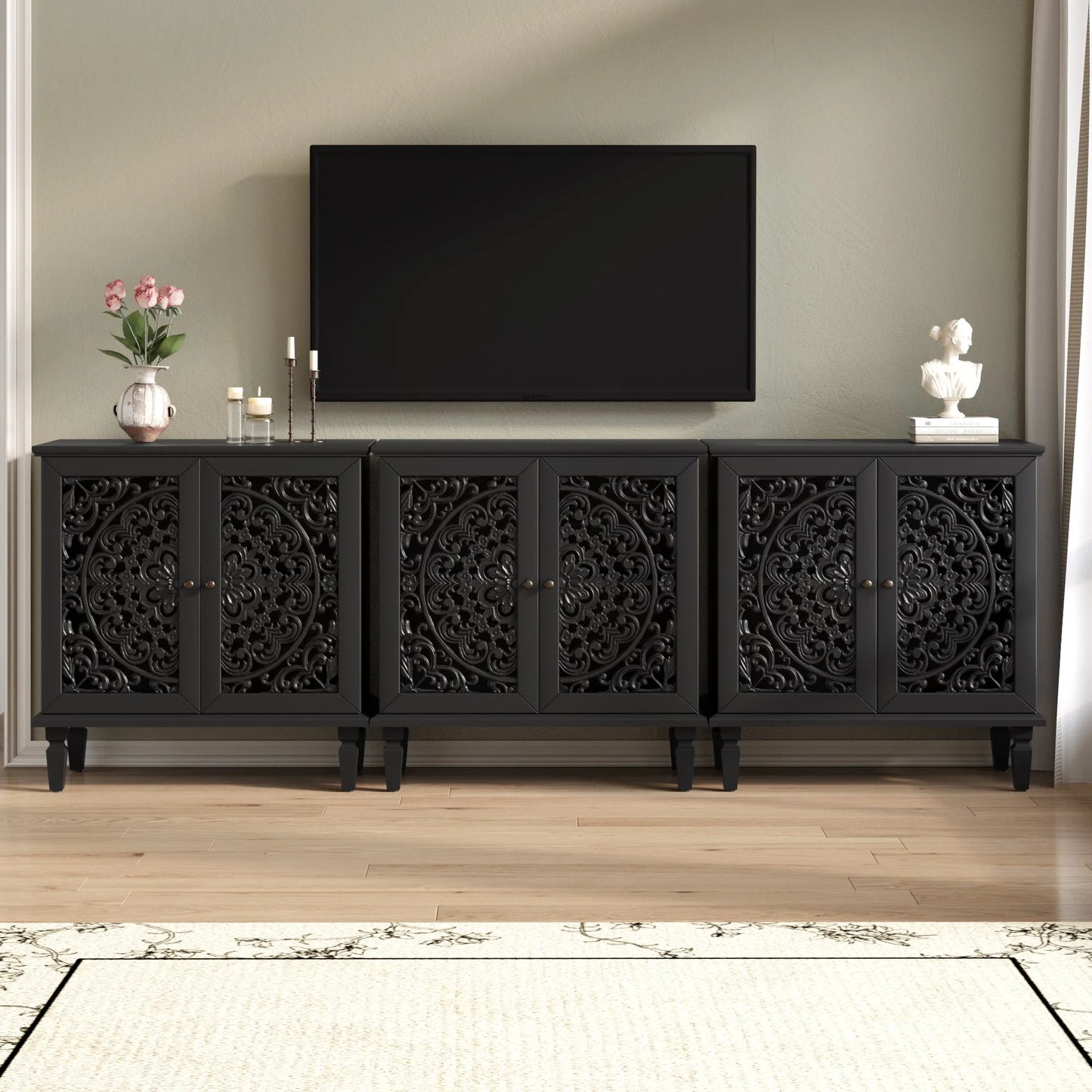 Vintage Hollow-Carved Accent Cabinet, 2-Door Display Storage Sideboard with Symmetrical Floral Design, Adjustable Shelf and Solid Wood Legs for Living Room Entryway(Antique Blue) detail view 23