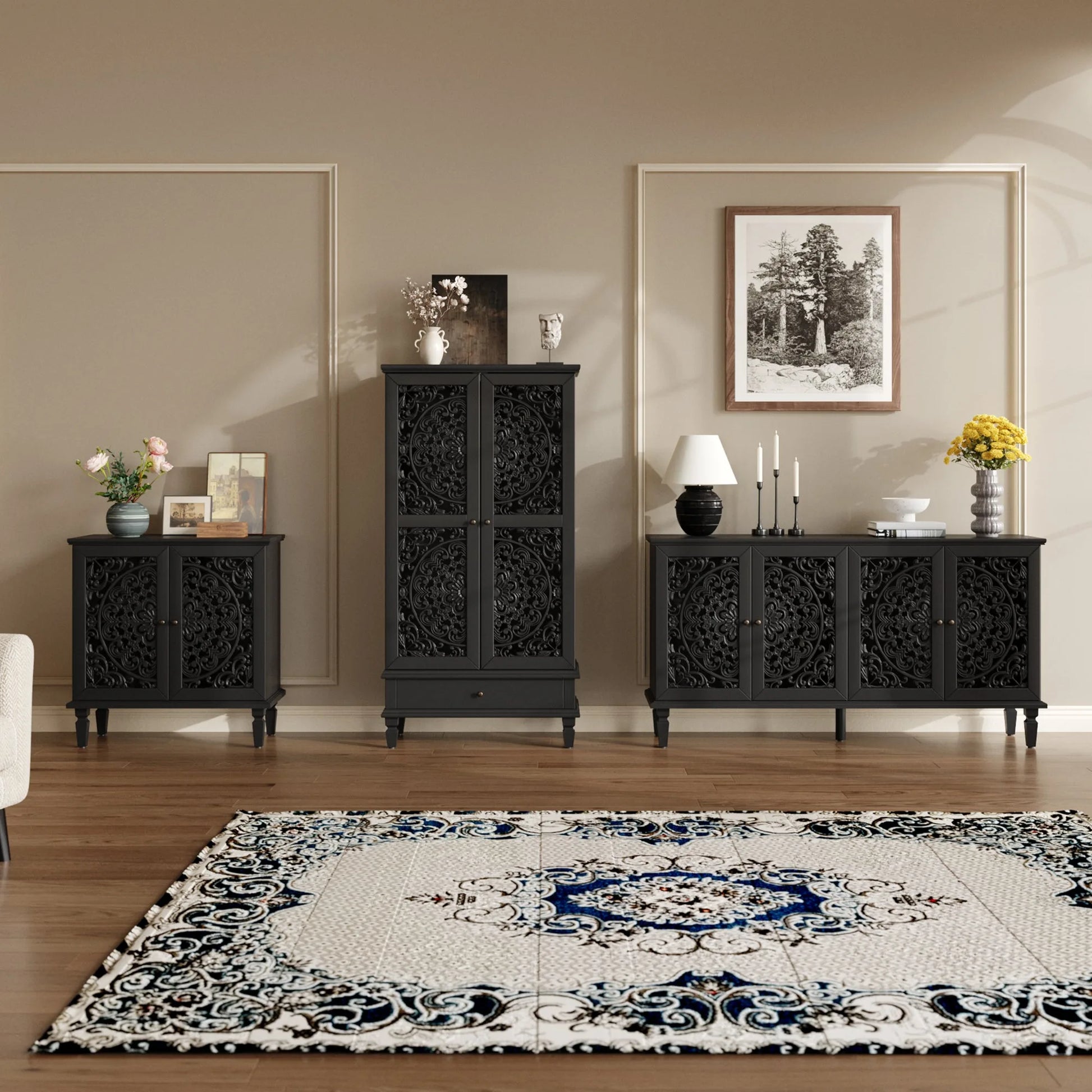 Vintage Hollow-Carved Accent Cabinet, 2-Door Display Storage Sideboard with Symmetrical Floral Design, Adjustable Shelf and Solid Wood Legs for Living Room Entryway(Antique Blue) detail view 24