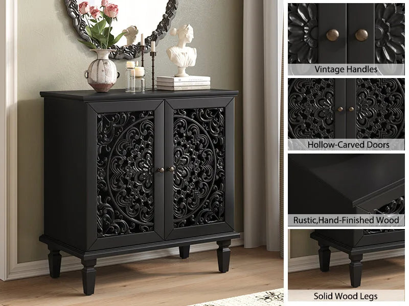 Vintage Hollow-Carved Accent Cabinet, 2-Door Display Storage Sideboard with Symmetrical Floral Design, Adjustable Shelf and Solid Wood Legs for Living Room Entryway(Antique Blue) detail view 25