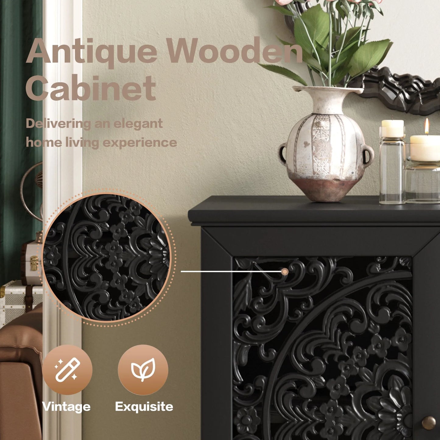 Vintage Hollow-Carved Accent Cabinet, 2-Door Display Storage Sideboard with Symmetrical Floral Design, Adjustable Shelf and Solid Wood Legs for Living Room Entryway(Antique Blue) detail view 26
