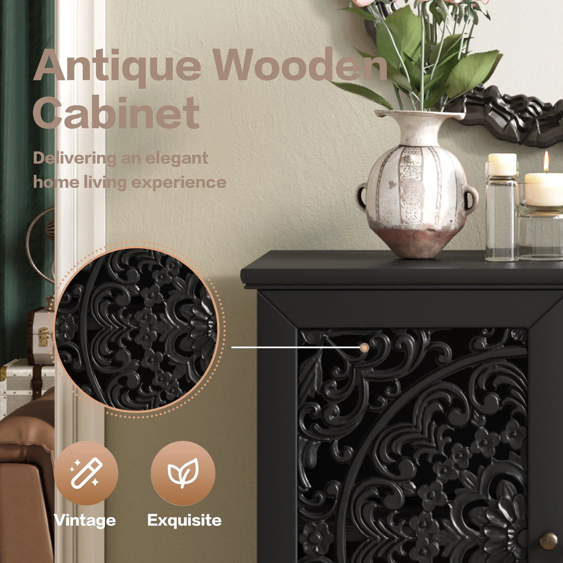 Vintage Hollow-Carved Accent Cabinet, 2-Door Display Storage Sideboard with Symmetrical Floral Design, Adjustable Shelf and Solid Wood Legs for Living Room Entryway(Antique Blue) detail view 26
