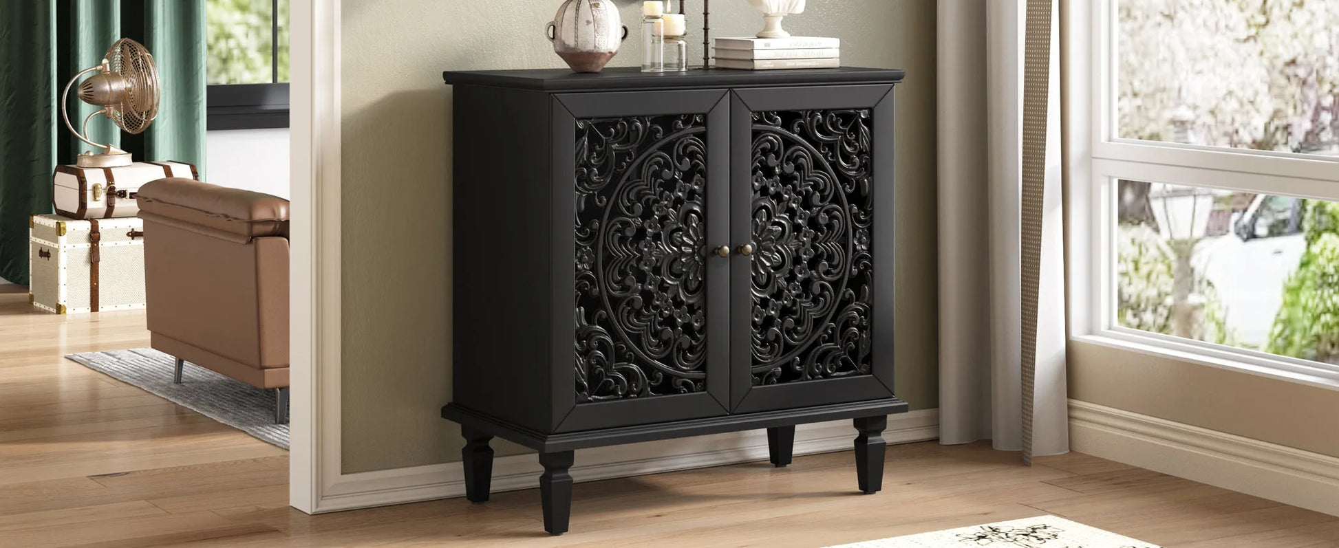Vintage Hollow-Carved Accent Cabinet, 2-Door Display Storage Sideboard with Symmetrical Floral Design, Adjustable Shelf and Solid Wood Legs for Living Room Entryway(Antique Blue) detail view 29