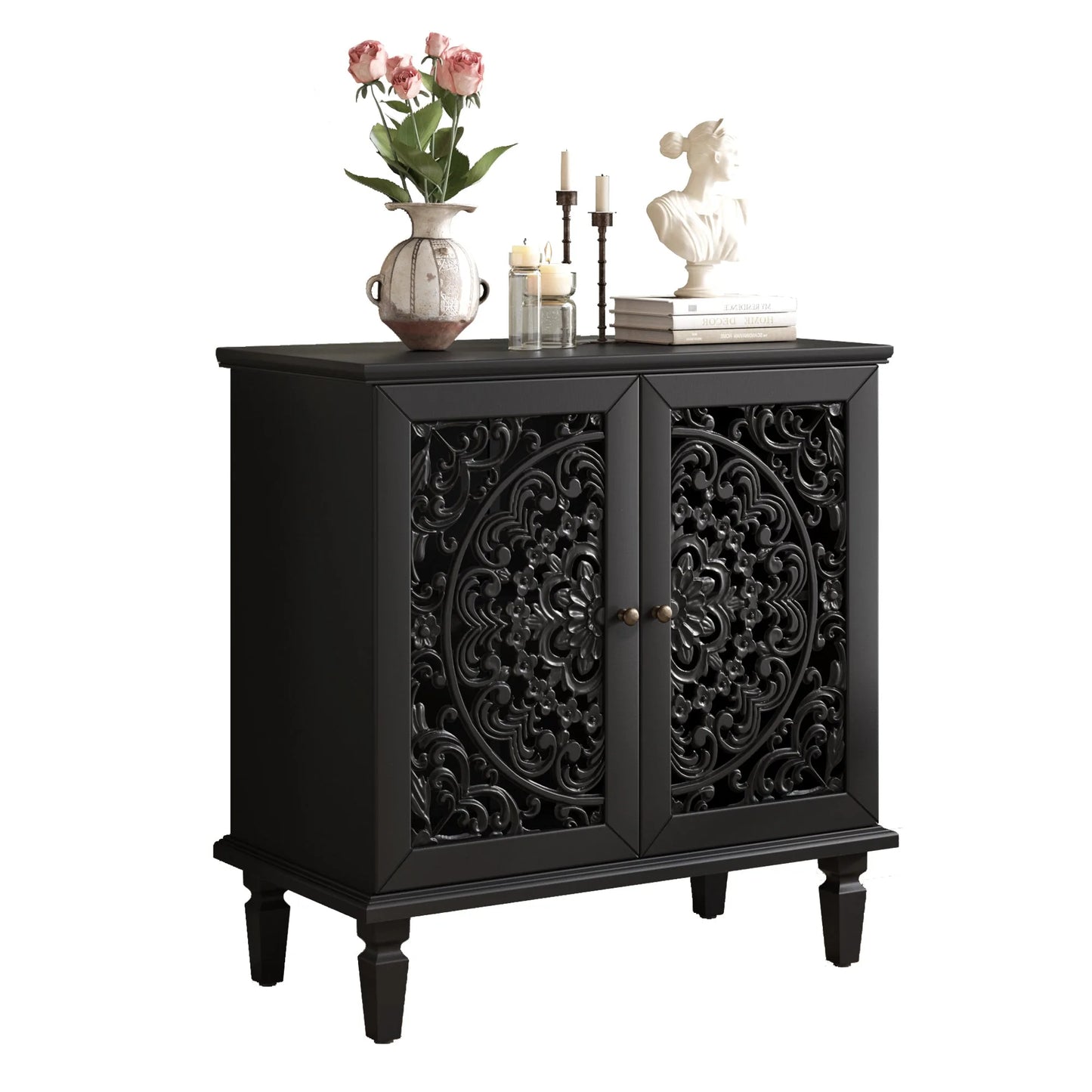 Vintage Hollow-Carved Accent Cabinet, 2-Door Display Storage Sideboard with Symmetrical Floral Design, Adjustable Shelf and Solid Wood Legs for Living Room Entryway(Antique Blue) detail view 30
