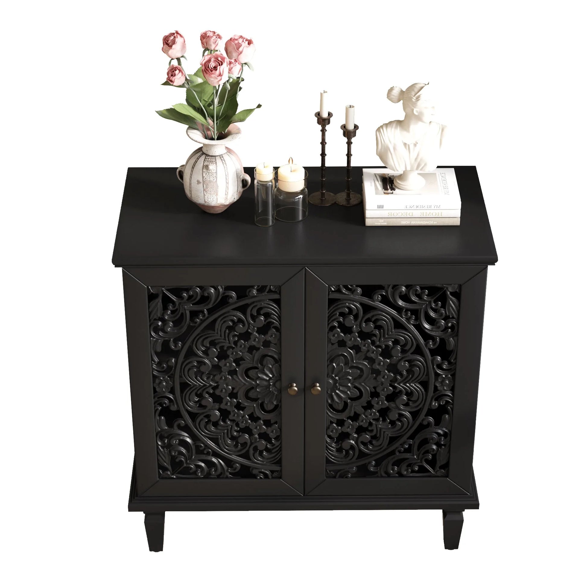 Vintage Hollow-Carved Accent Cabinet, 2-Door Display Storage Sideboard with Symmetrical Floral Design, Adjustable Shelf and Solid Wood Legs for Living Room Entryway(Antique Blue) detail view 33