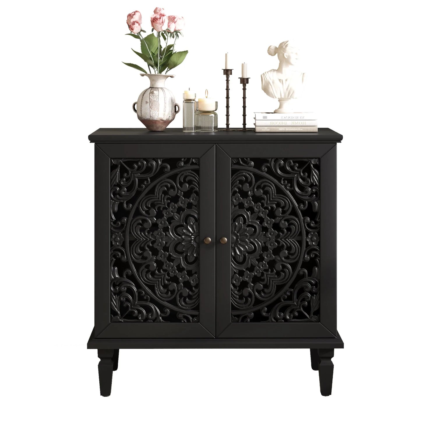 Vintage Hollow-Carved Accent Cabinet, 2-Door Display Storage Sideboard with Symmetrical Floral Design, Adjustable Shelf and Solid Wood Legs for Living Room Entryway(Antique Blue) detail view 34