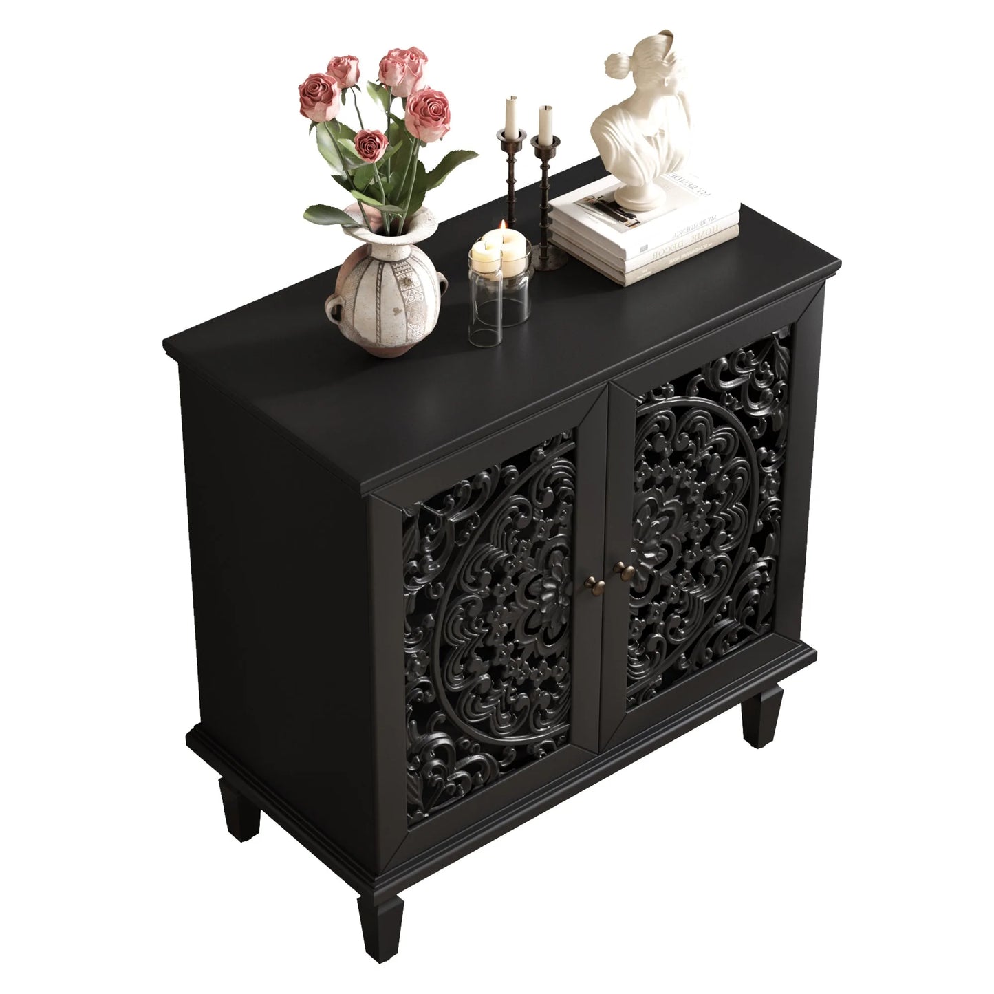 Vintage Hollow-Carved Accent Cabinet, 2-Door Display Storage Sideboard with Symmetrical Floral Design, Adjustable Shelf and Solid Wood Legs for Living Room Entryway(Antique Blue) detail view 35