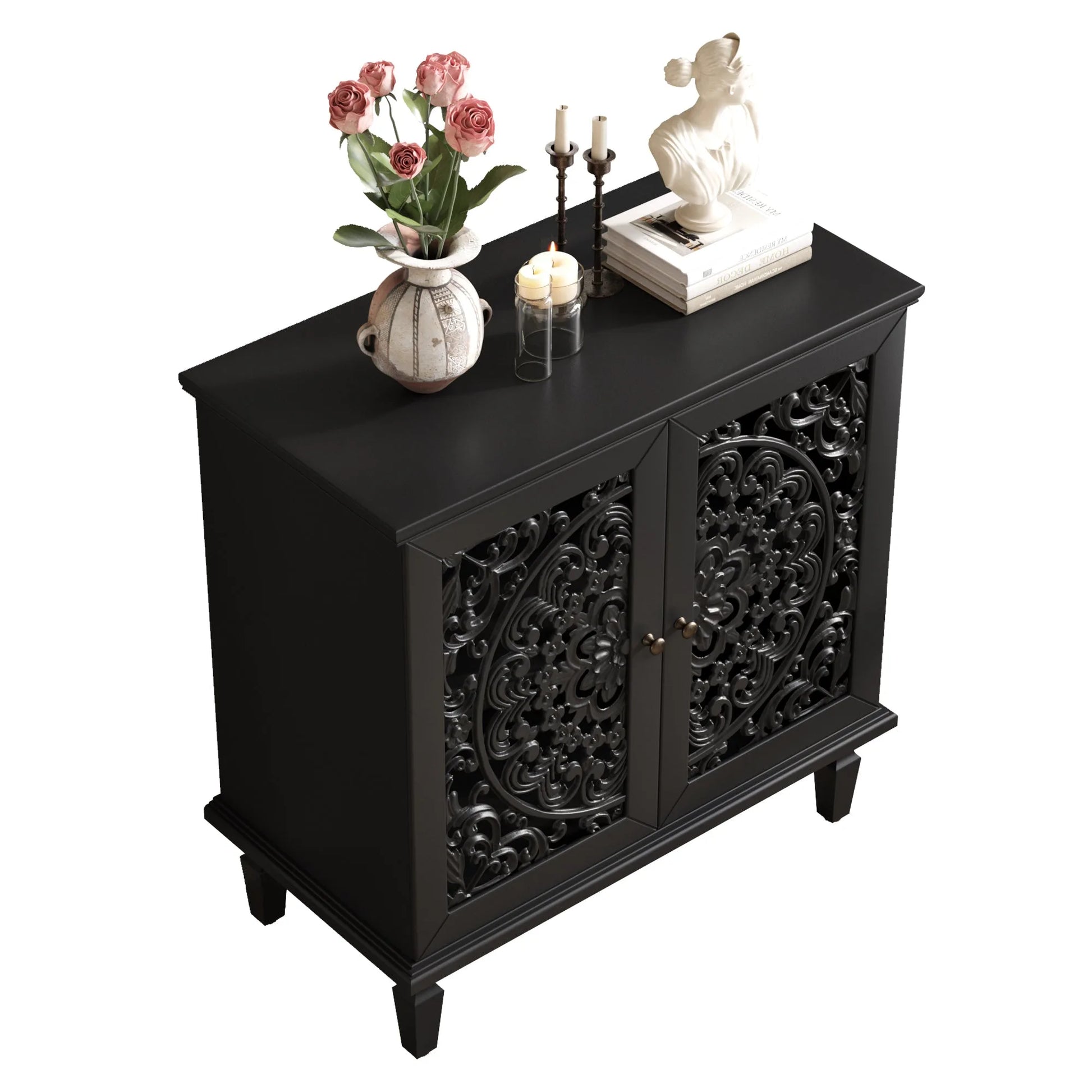 Vintage Hollow-Carved Accent Cabinet, 2-Door Display Storage Sideboard with Symmetrical Floral Design, Adjustable Shelf and Solid Wood Legs for Living Room Entryway(Antique Blue) detail view 35