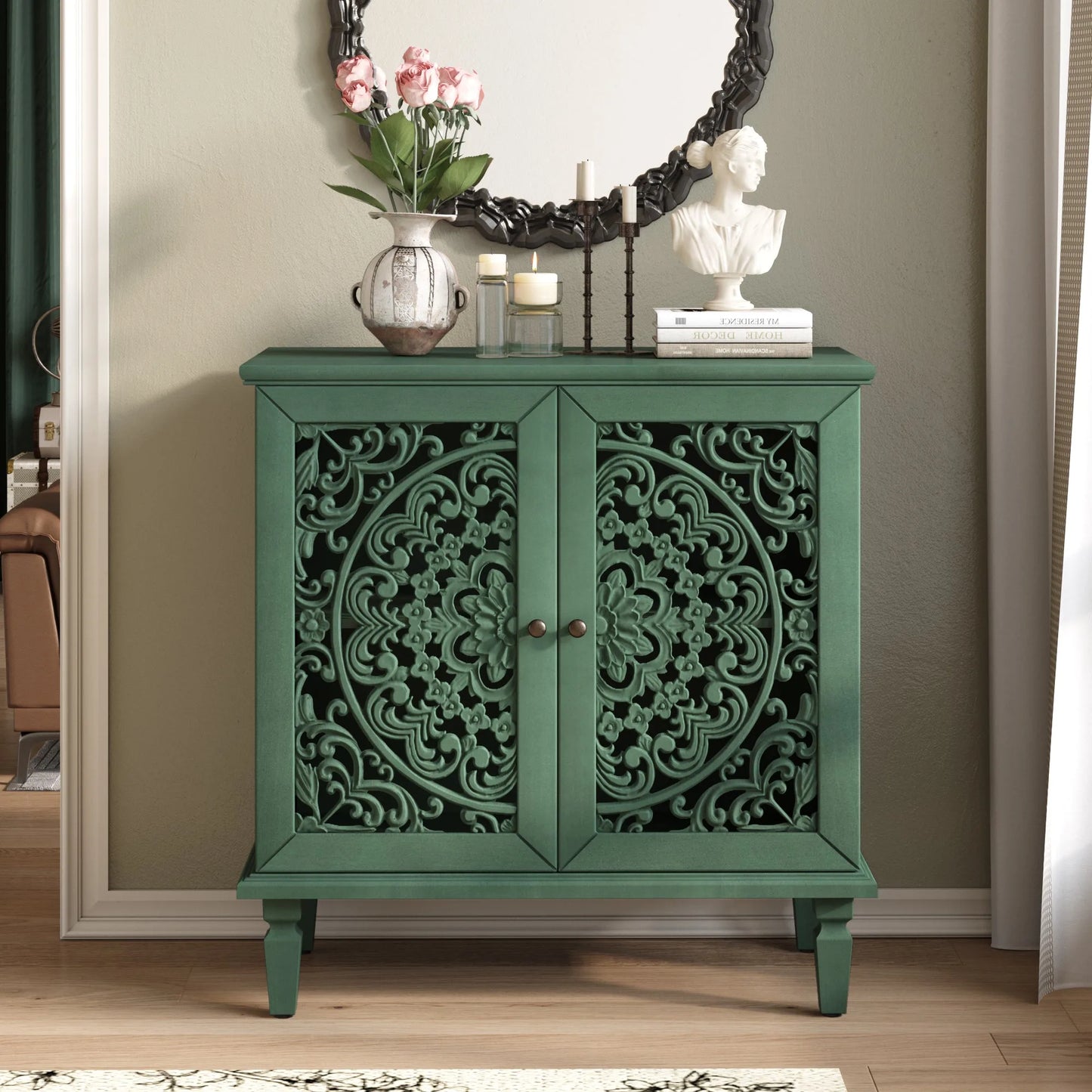 Vintage Hollow-Carved Accent Cabinet, 2-Door Display Storage Sideboard with Symmetrical Floral Design, Adjustable Shelf and Solid Wood Legs for Living Room Entryway(Antique Blue) detail view 36