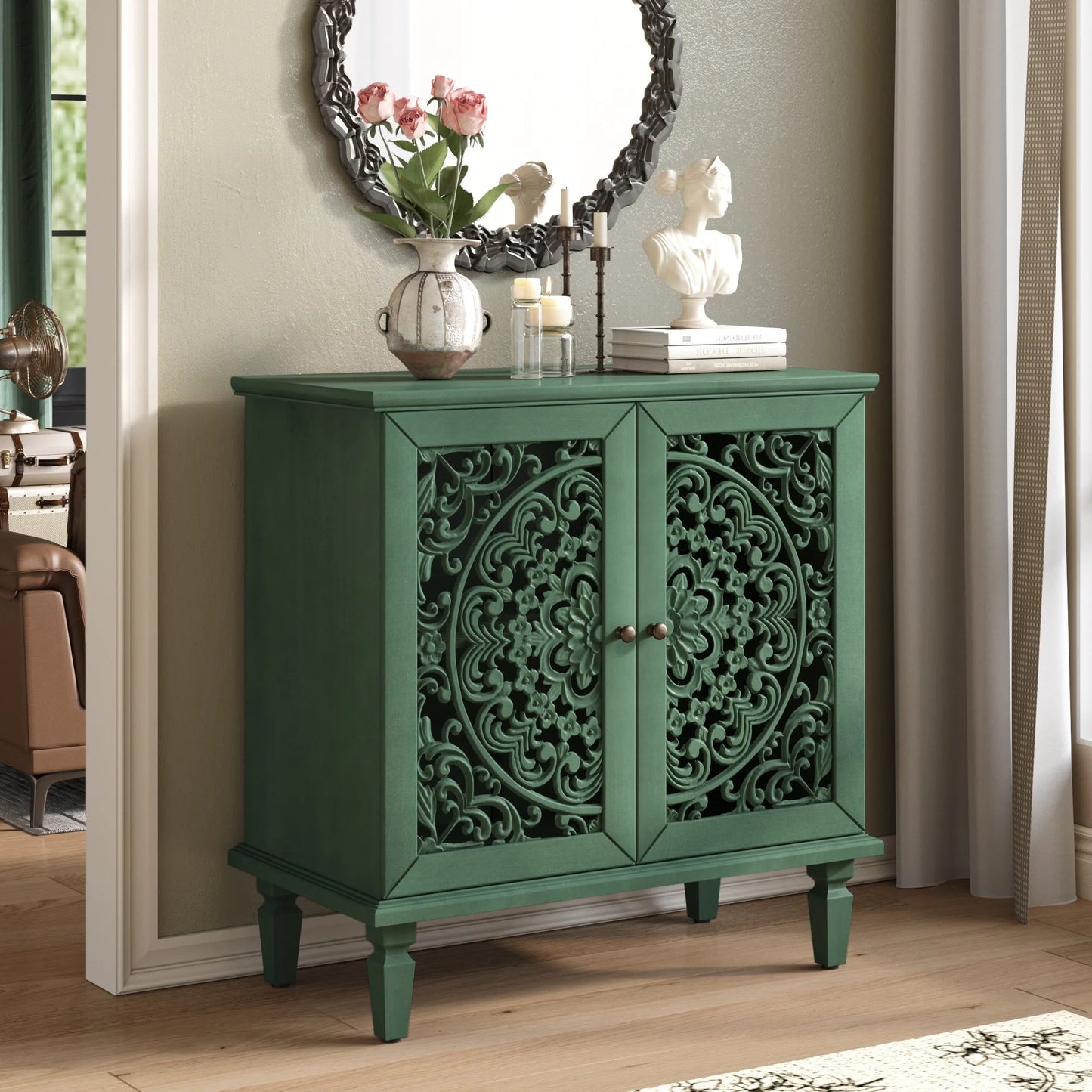 Vintage Hollow-Carved Accent Cabinet, 2-Door Display Storage Sideboard with Symmetrical Floral Design, Adjustable Shelf and Solid Wood Legs for Living Room Entryway(Antique Blue) detail view 37